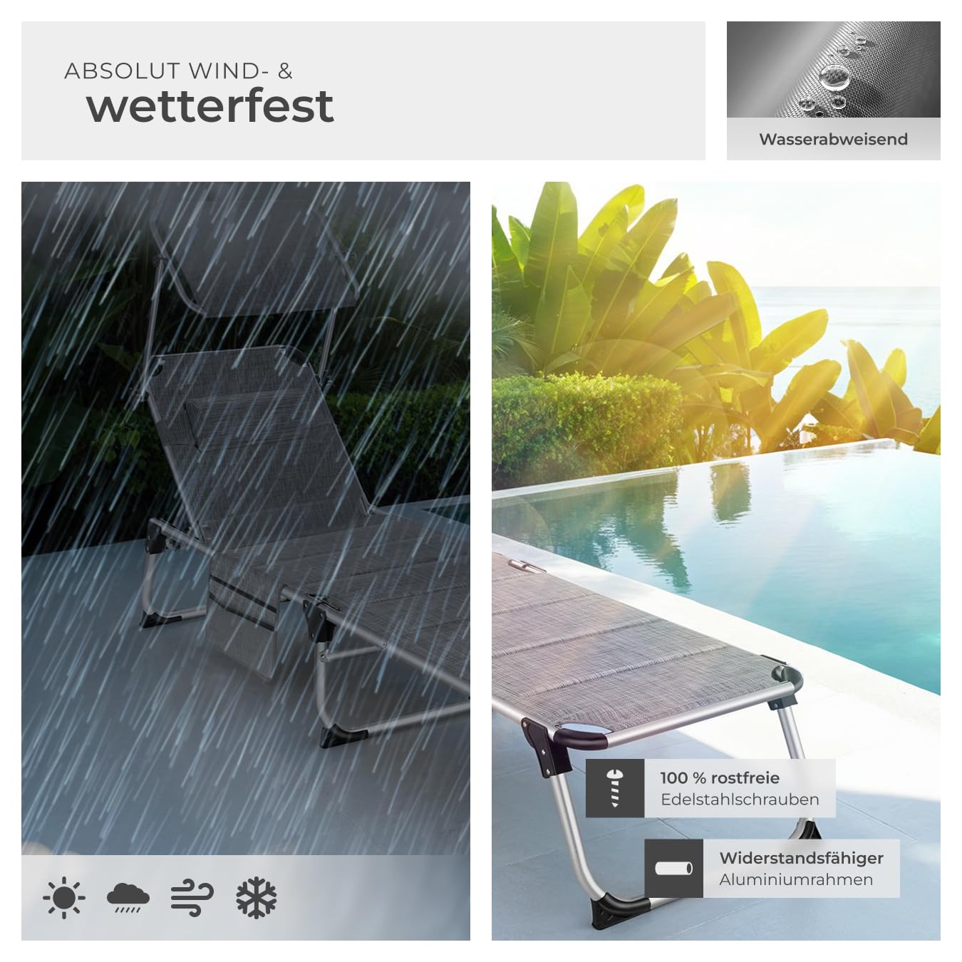 tectake® Sonnenliege mit Dach, Liege klappbar mit Kopfkissen + Seitentasche, zusammenklappbar, leicht tragbar, Aluminium Strandliege, Liegestuhl klappbar für Garten, Sonnenliege Camping - grau-meliert