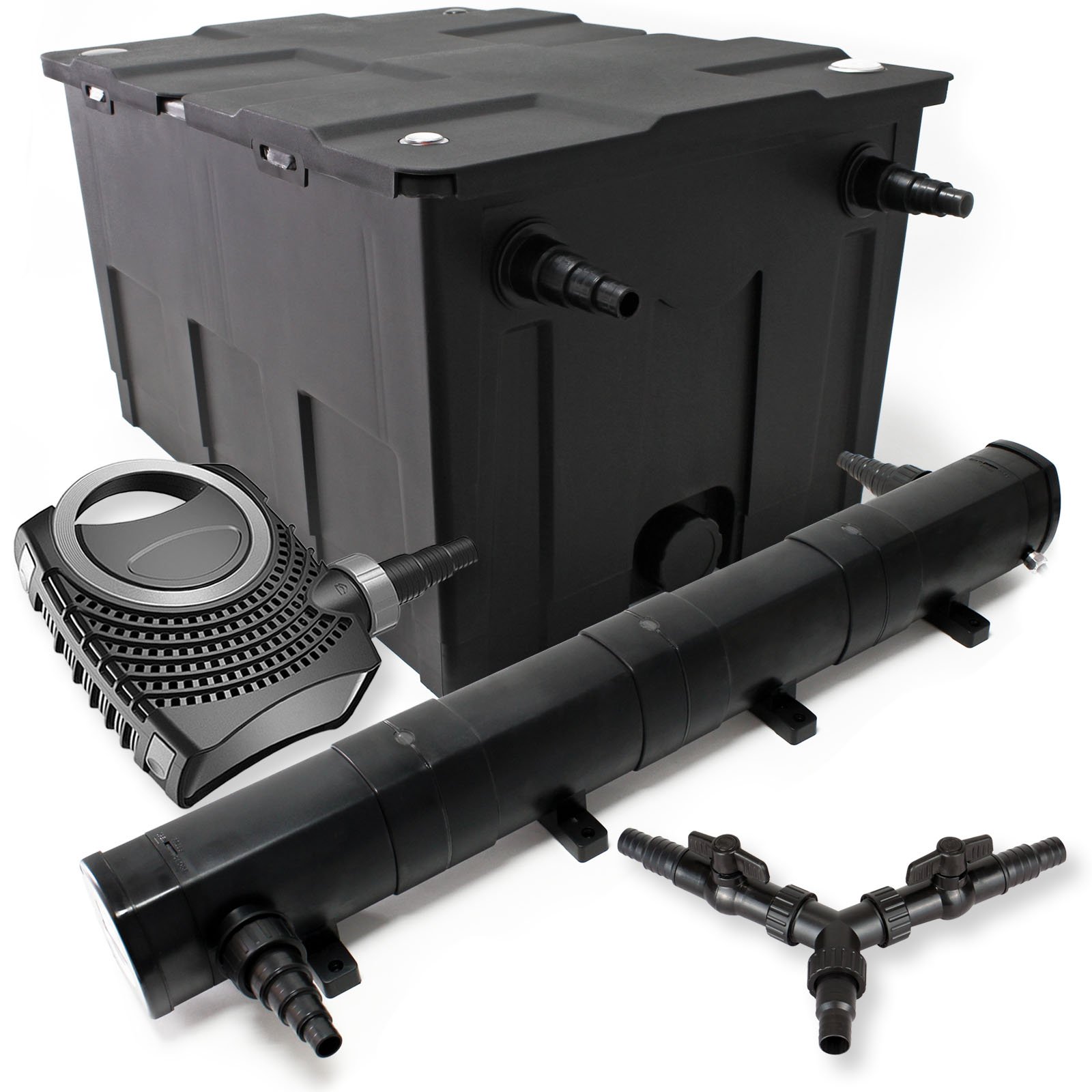 SunSun Kit complet: CBF-550 Filtre de bassin jusqu'à 60000 L Biologique, NEO10000 SuperECO pompe de filtration 10000l/h 80W, CUV-272 lampe uv UVC Clarificateur avec 72W, Y-distributeur