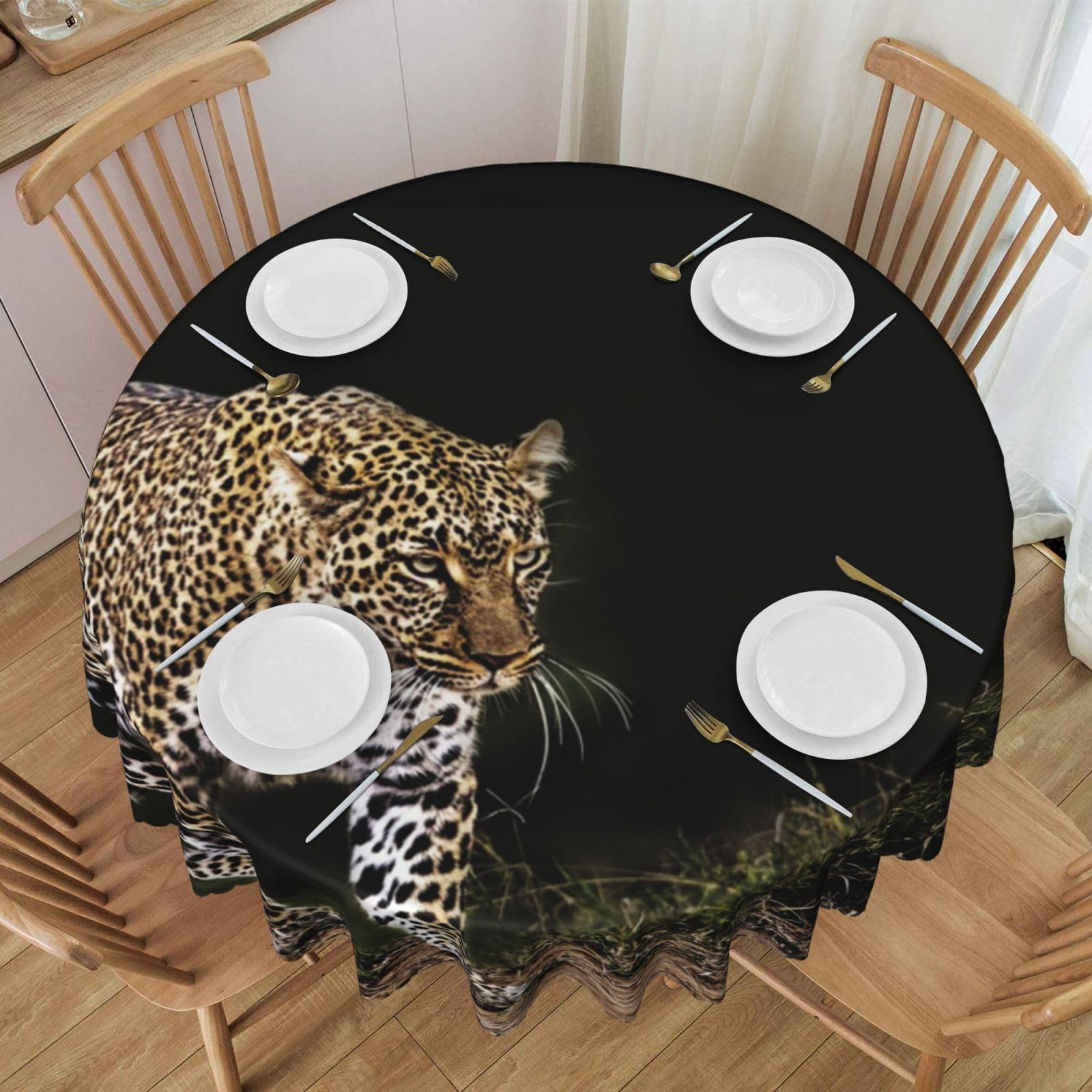 DCEHGEW 60 In Round Tablecloth with Lace, Wild Animals Cheetah Printed Oilproof & Washable Fabric Picnic Table Cloth Table Covers