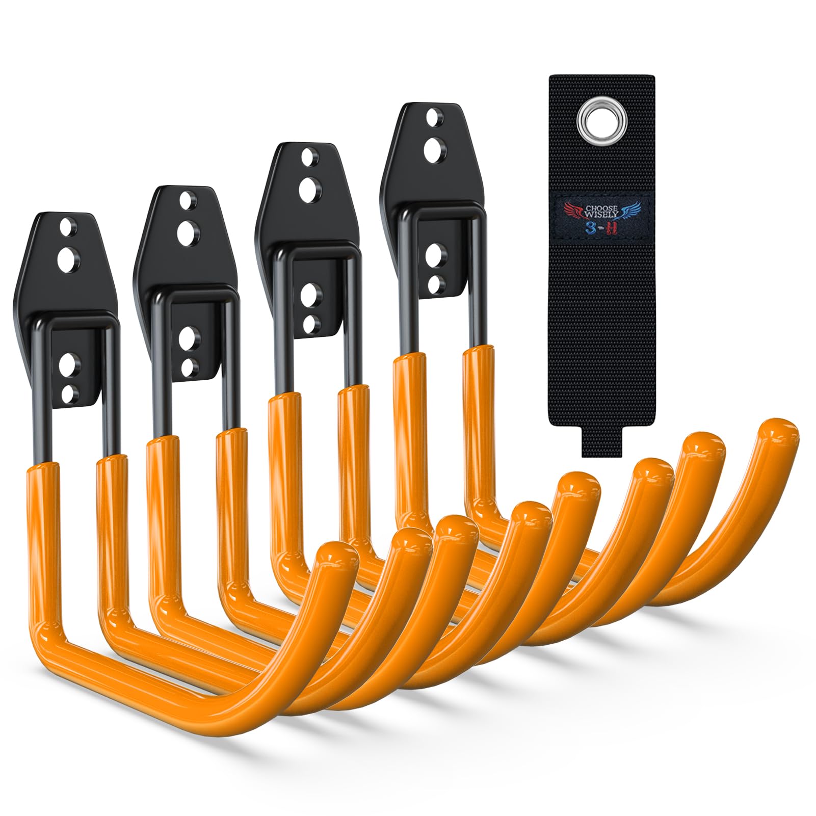 3-H Garage Hooks 4Pack, Solid Steel Heavy Duty Wall Hooks with Adjustable Extension Belt, 3 Round Welding Spots