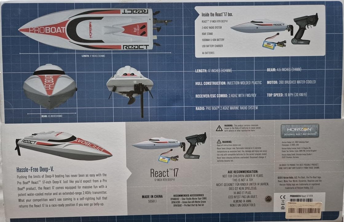 RC Boot Pro Boat React 43,2 cm selbstaufrichtender, tiefer V-gebürsteter RTR