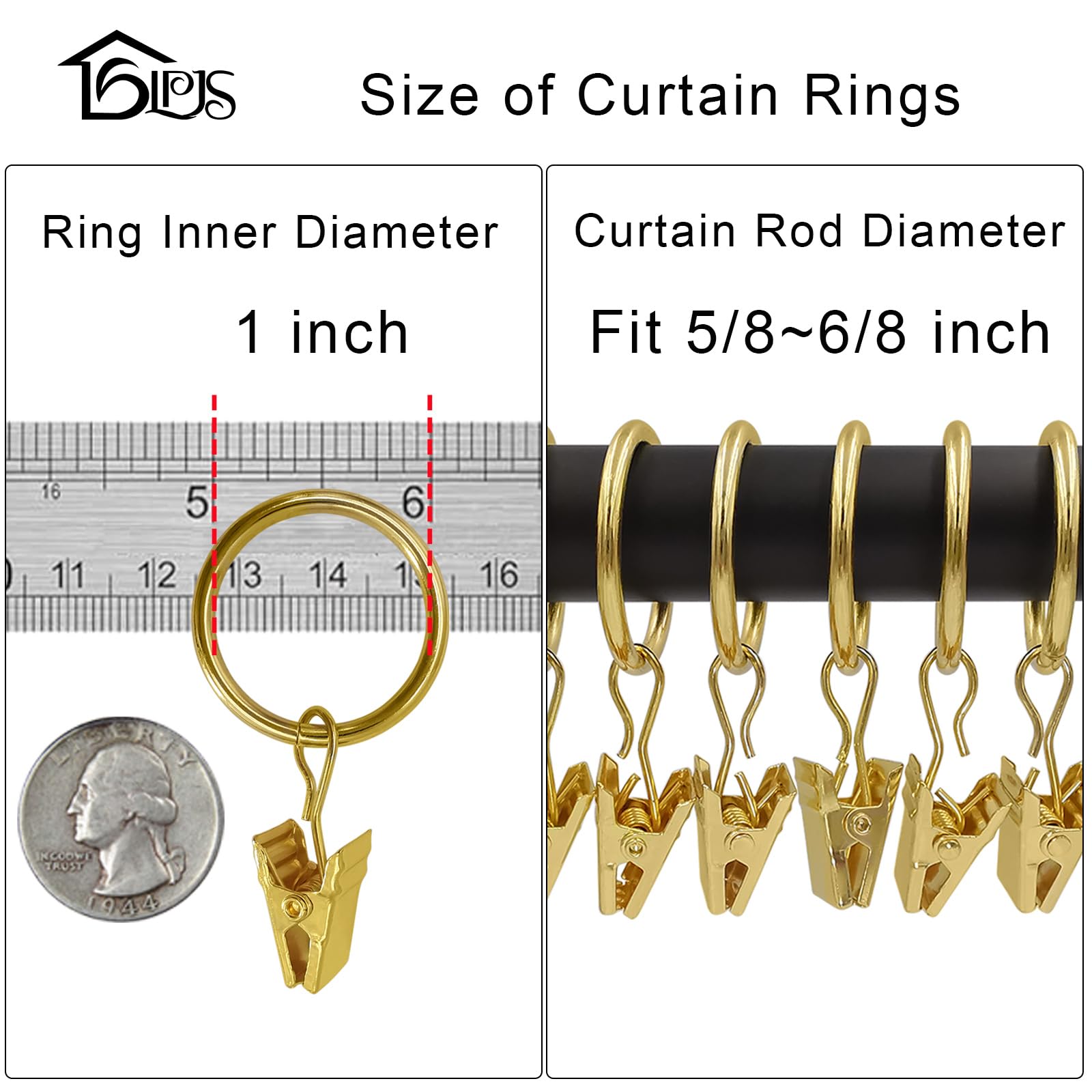 LLPJS Gardinenringe mit Clips, Vorhanghaken, Vorhang-Clip, mit Ring, perfekt für Dekoration, Vorhänge, Stoffschleifen, Kappen, Aufhänger oder andere Displays, Ringe 2,5 cm, 44 Stück