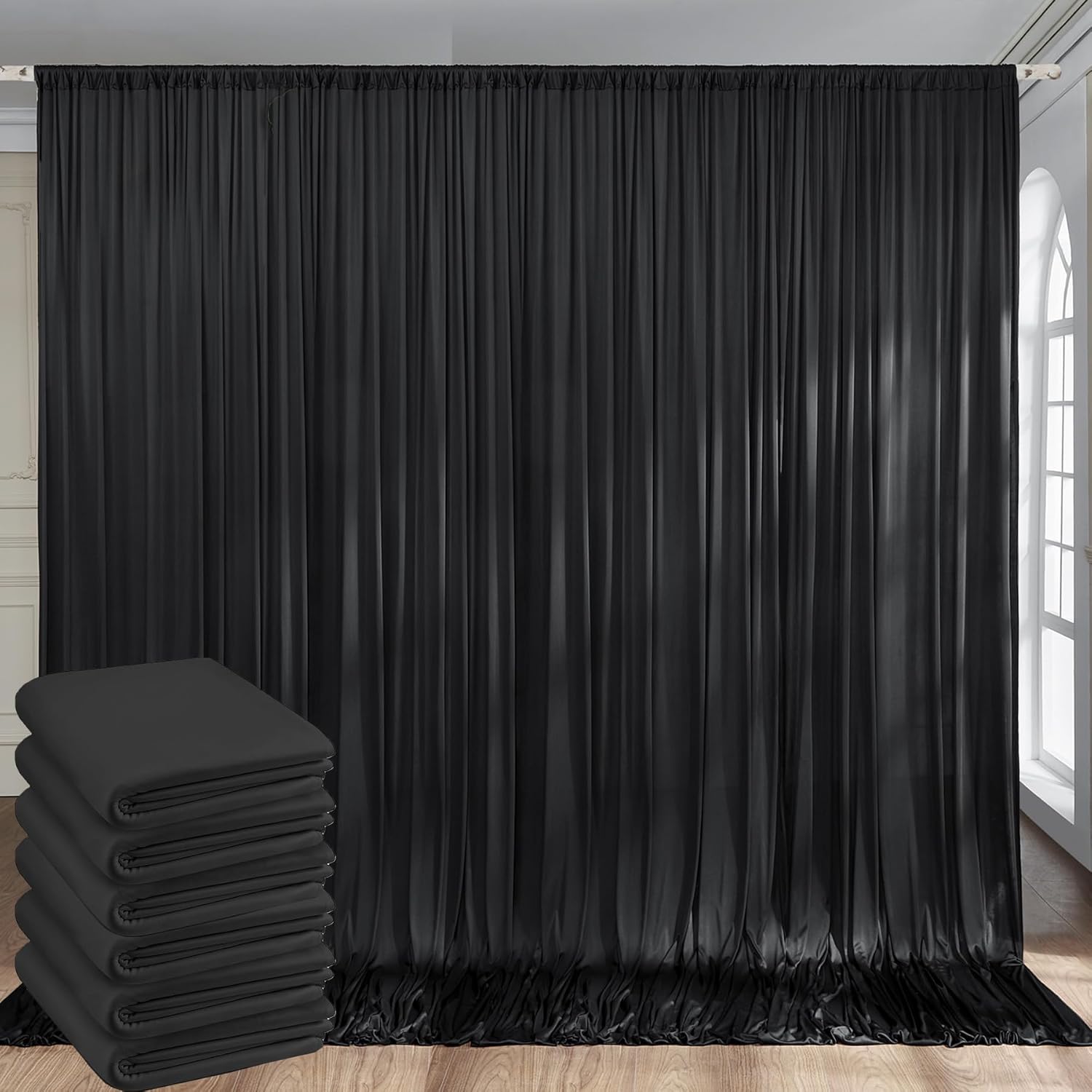 30ft x 10ft Wrinkle Free Black Backdrop Curtains for