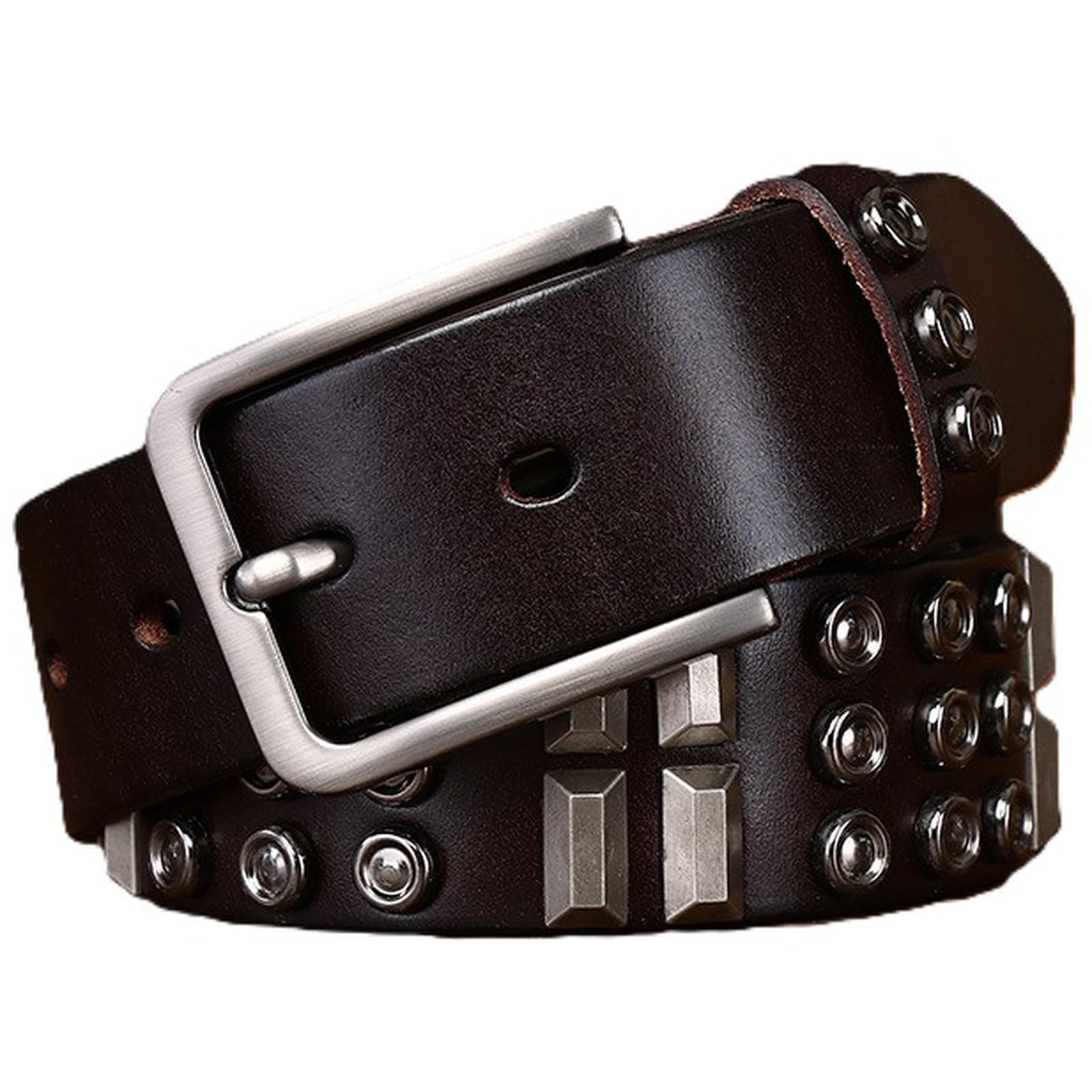 AGUTALITHIC Studded Belt Metal Punk Rock Goth Rivet Leather Strap with 3 Row Bright Round & Square Pyramid Stud for Women Men(110cm/43, Brown)