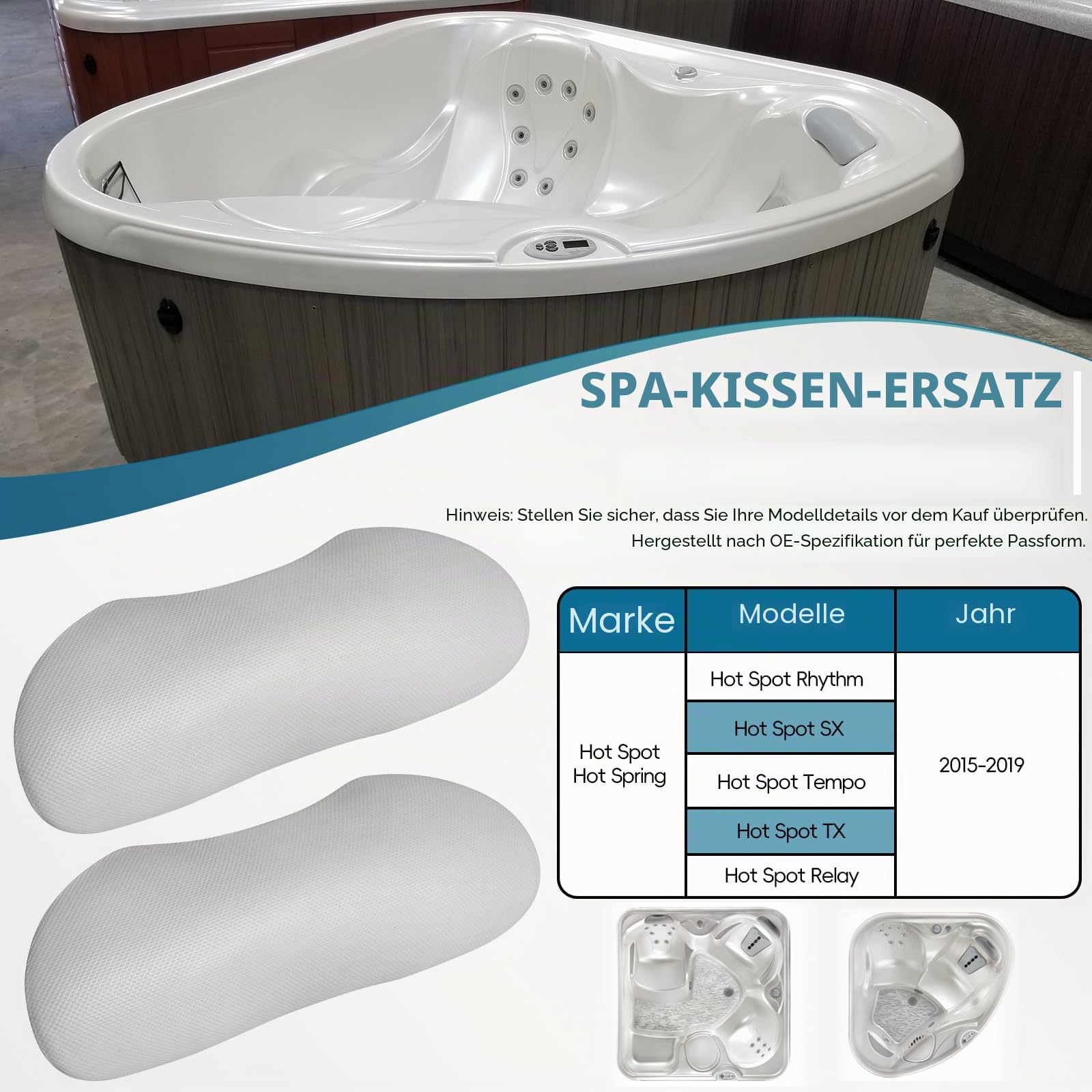 4 Stück 77444 Whirlpool-Kopfstützenkissen für Hot Spring Hot Spot Relais Rhythm SX Tempo TX 2015–2019 Spas Modell, Whirlpool Spa Nackenkissen für Watkins Ersatz