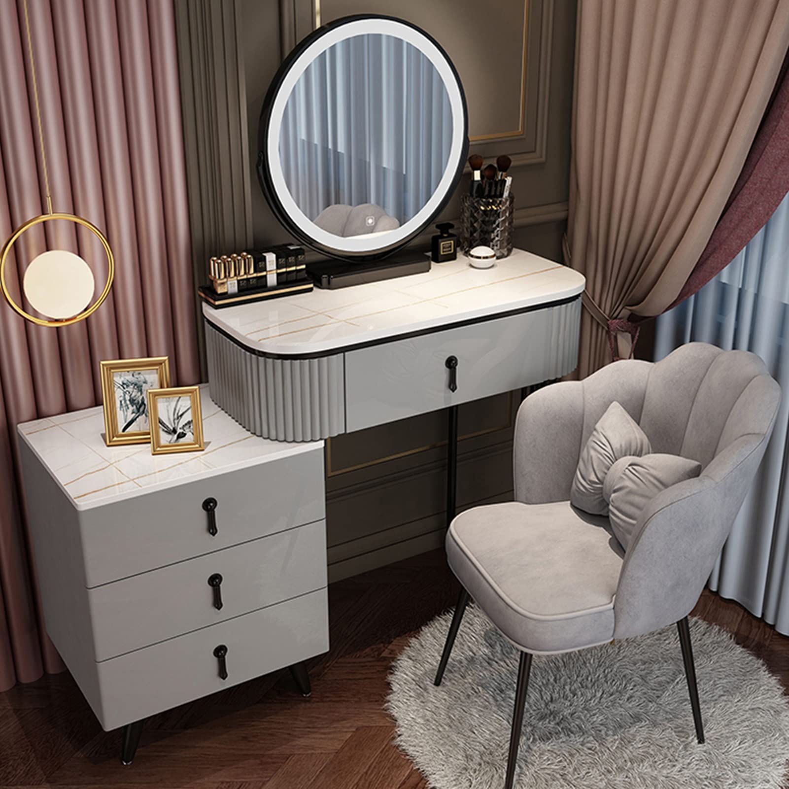 asdchZen Modern Vanity Desk With 360°Swivel Mirror, Makeup Table With Drawers & Nightstand, Adjustable Brightness & 3 Color Modes, Stylish Dressing Table,Gray a-80cm/31.4in