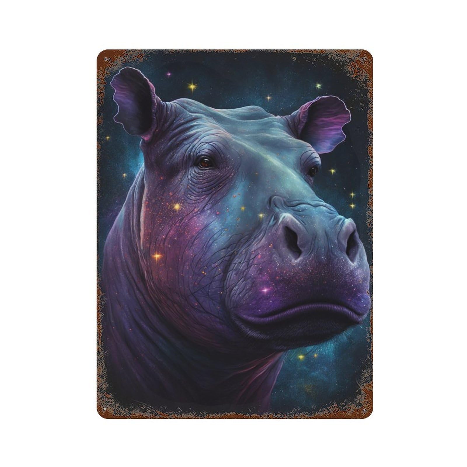 Cosmic Hippo Portrait Print Aged Metal Wall Plaque 15.7"x11.8", for Garage, Bar And Workshop Decor, Farmhouse Wall Decor