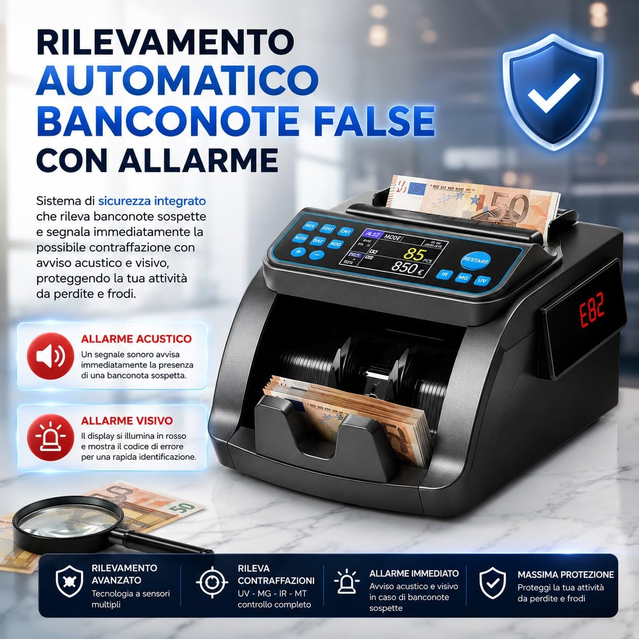 Macchina Contabanconote Professionale Multivaluta Euro Dollari Contatore Misto con Rilevatore Banconote False UV MG Doppio Display LCD Conteggio 1000 Banconote/min