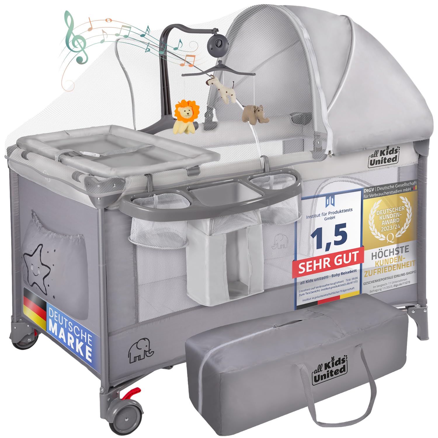 Lit de Voyage pour Bébé Deluxe all Kids United avec Matelas à Langer et Mobile Gris