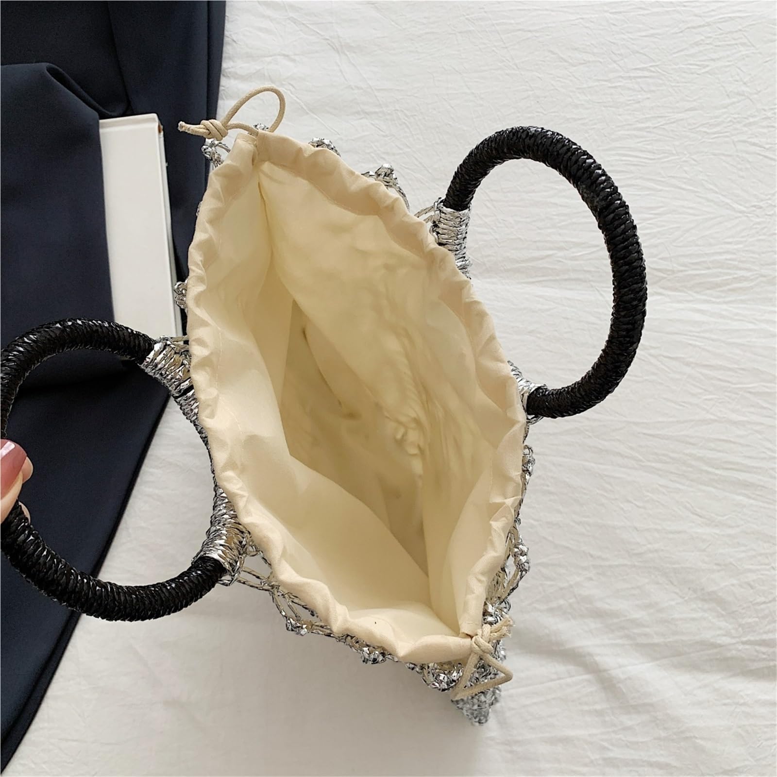 borsa donna estiva Borse da donna con manico rotondo dal design tessuto fatto a mano ecologiche superiore scavate