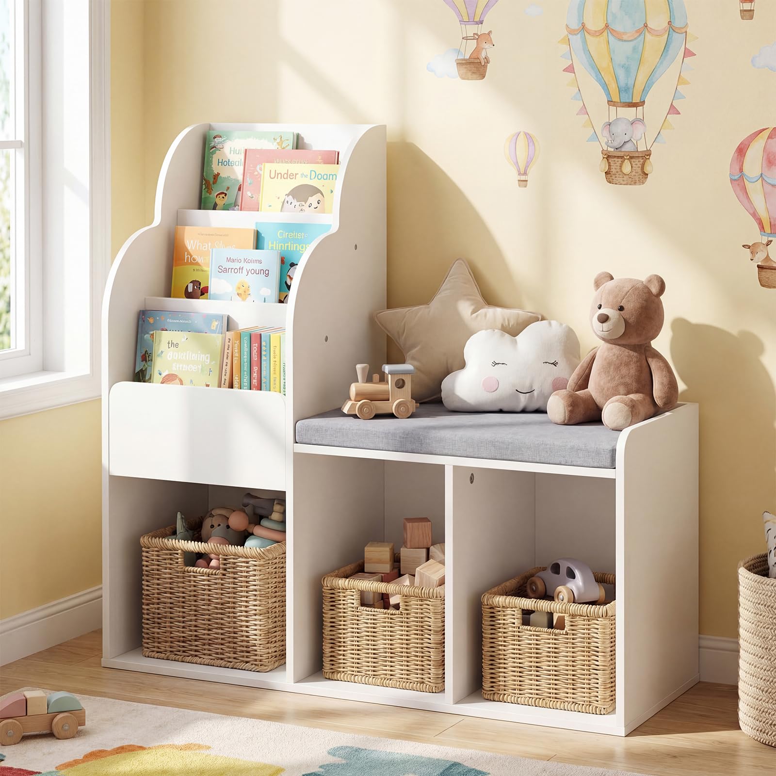 COSTWAY Estantería Infantil con Banco, Librería Infantil con Estantes de 3 Niveles, 3 Compartimentos Abiertos y Cojín de Asiento, Estantería para Niños para Dormitorio, Sala de Juegos