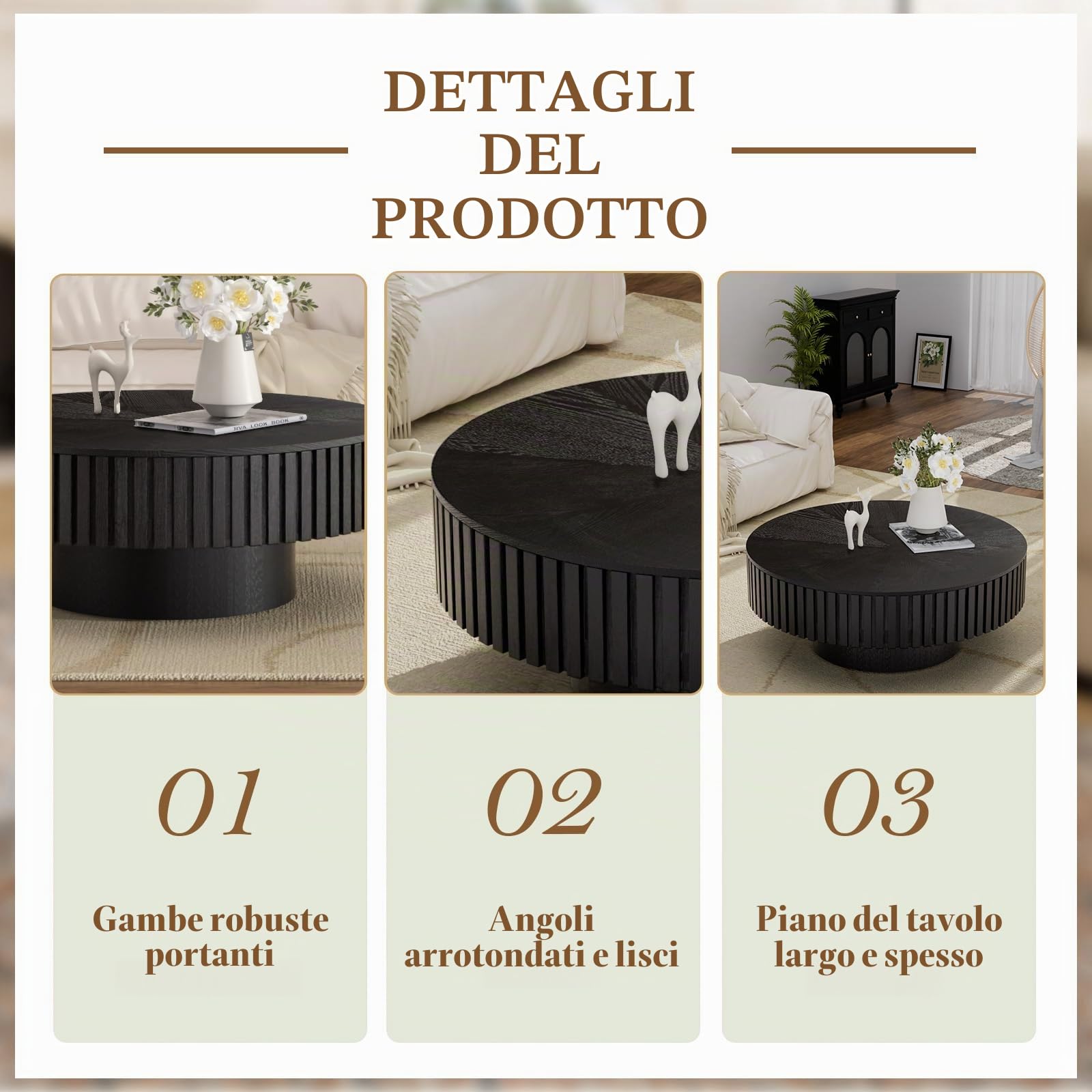 Tavolino Rotondo Scanalato in Legno, Tavolino da caffè Moderno Artigianale in Legno della metà del Secolo con Piedistallo Robusto, per Soggiorno Appartamento Ufficio,FS