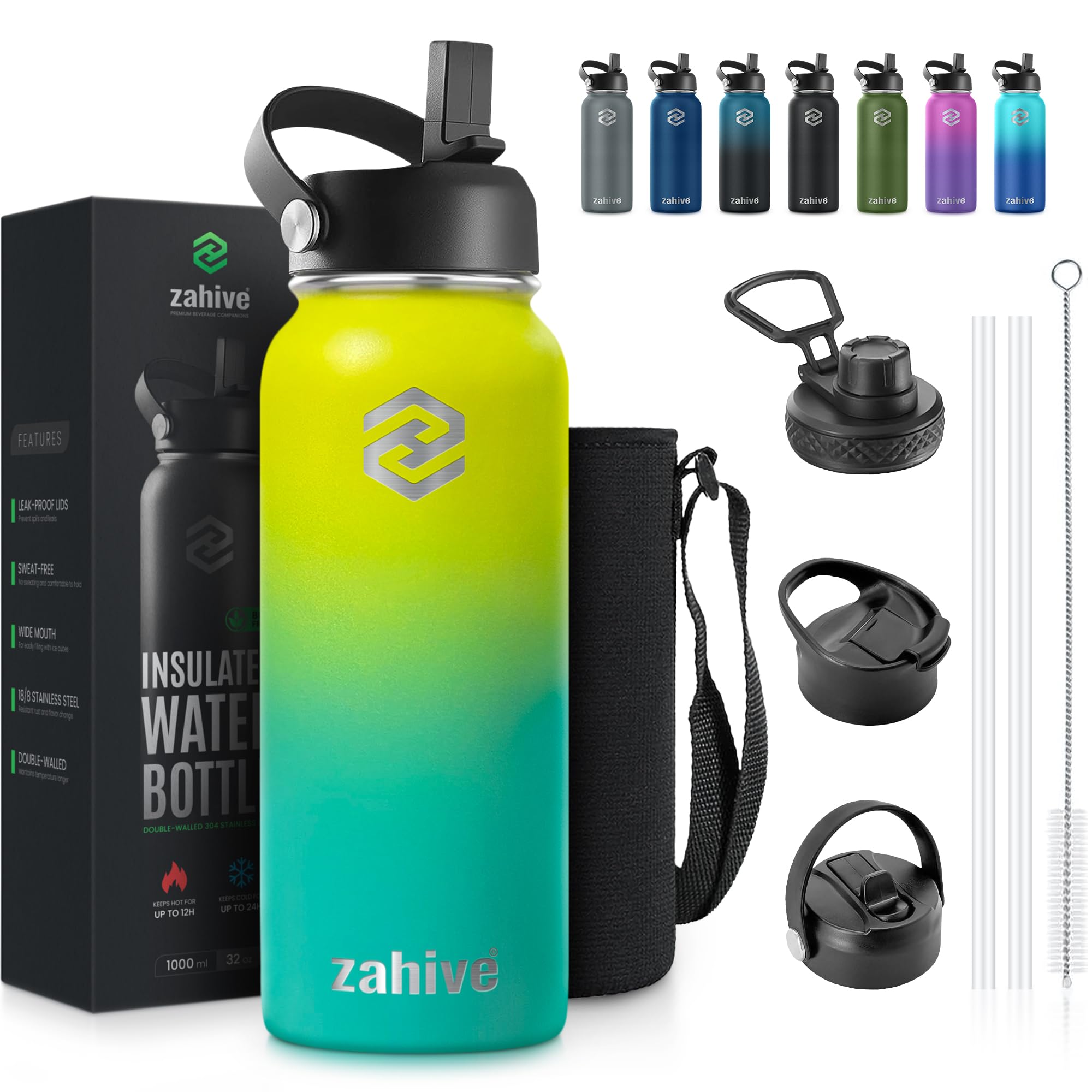 Stainless Steel Water Bottle 1l with 3 Lids & Bag - Insulated Water Bottle with Straw - 1000ml Double Wall Thermos Flask for Travel Hot Cold Drinks, Sports, Gym, Leak Proof (32oz, Yellow Green) 1000 ml Yellow Green