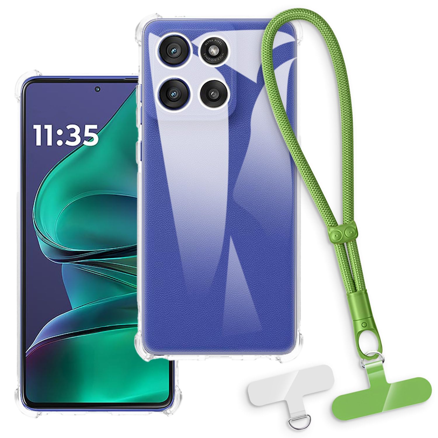 2-in-1 Protective Case and Wrist Strap Compatible with Motorola Moto G Stylus Gen 5 5G Phone Cover with Detachable Lanyard, Anti-Slip Anti-Loss Grip Handle (Clear + Green)