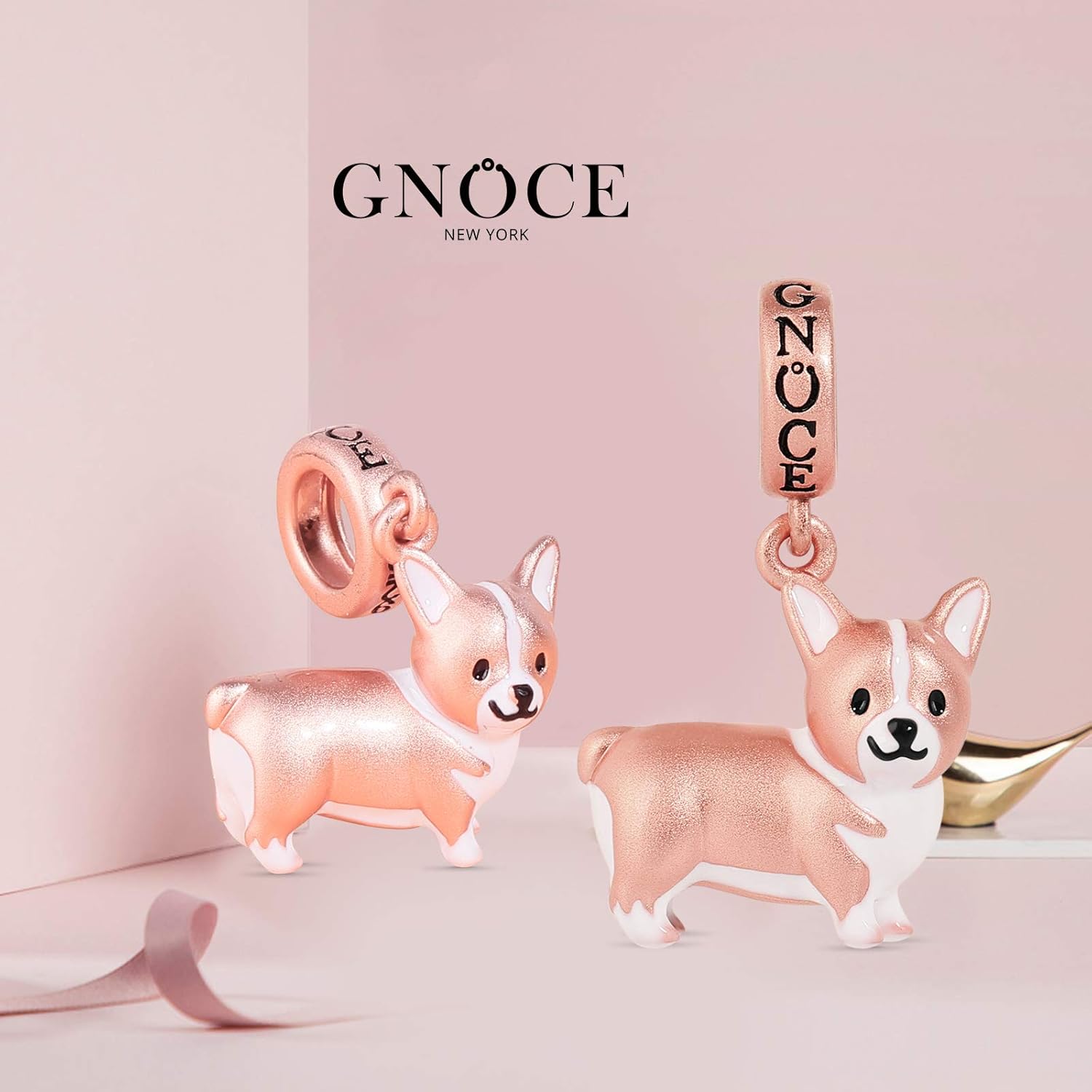 GNOCE Corgi Pendant Charm Sterling Silver Matte 18k Rose Gold Plated Animal Dog Dangle Charm Bead Fit Bracelet/Necklace Christmas Gift for Women Wife - Image 3