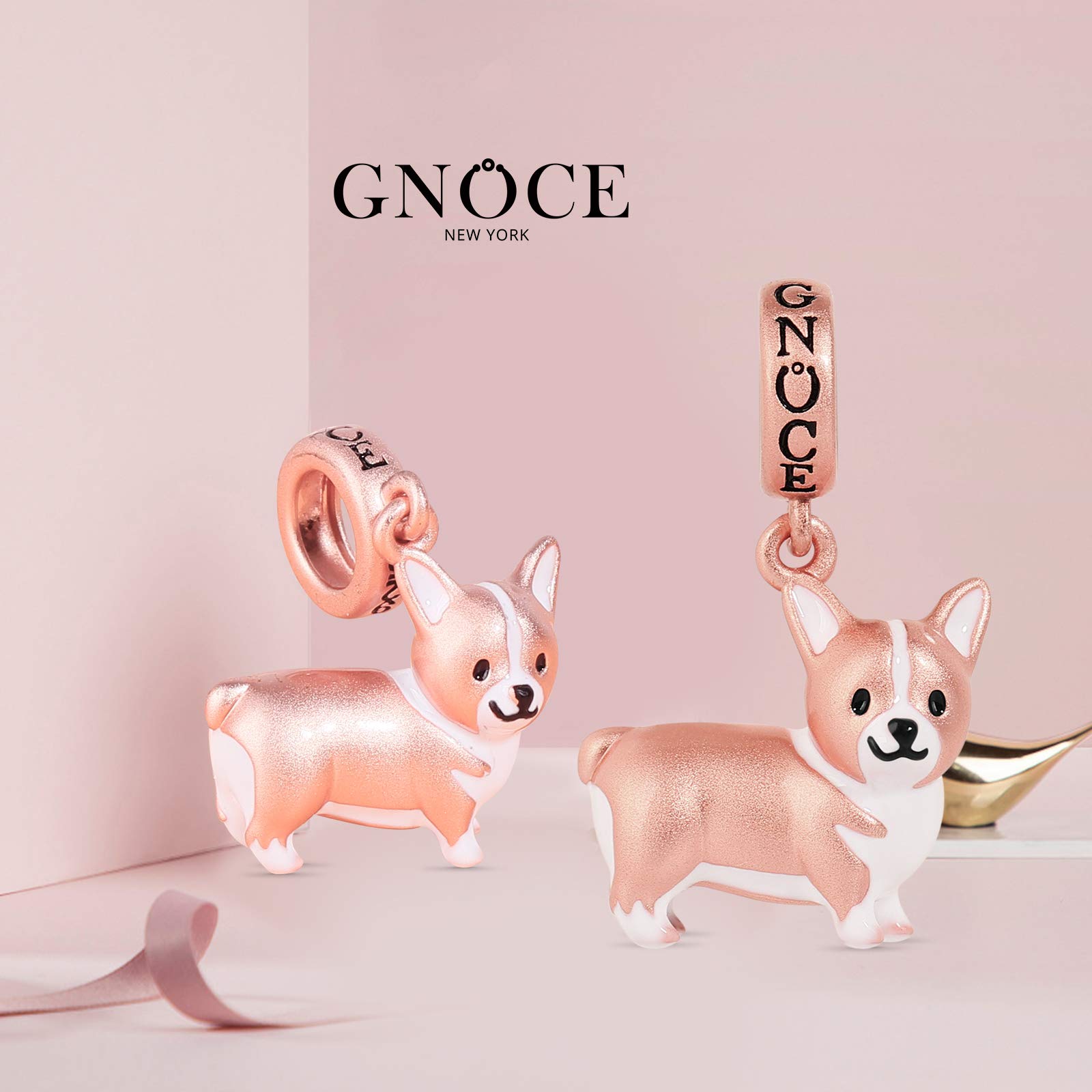 GNOCE Corgi Anhänger Charm Sterling Silber Matt 18 Karat Roségold plattiert Tier Hund Beads Charm Fit Armband/Halskette Weihnachts Geschenk für Frauen Mädchen Tochter
