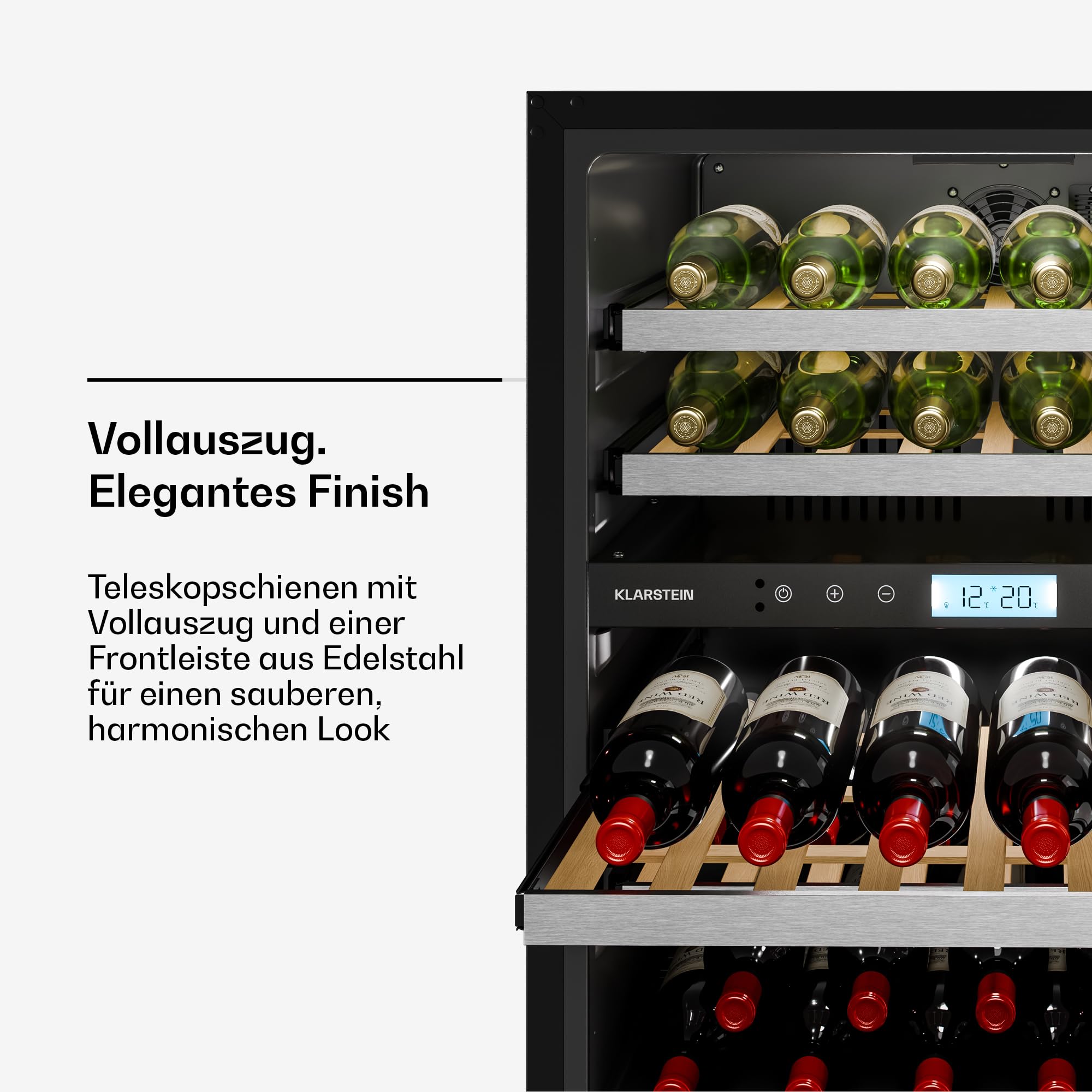 Klarstein VeroSteel Unterbau-Weinkühlschrank – Zweizonen-Weinkühlschrank für 43 Flaschen, UV-Glastür, Touch-Bedienfeld, ausziehbare, leicht zugängliche Holzregale