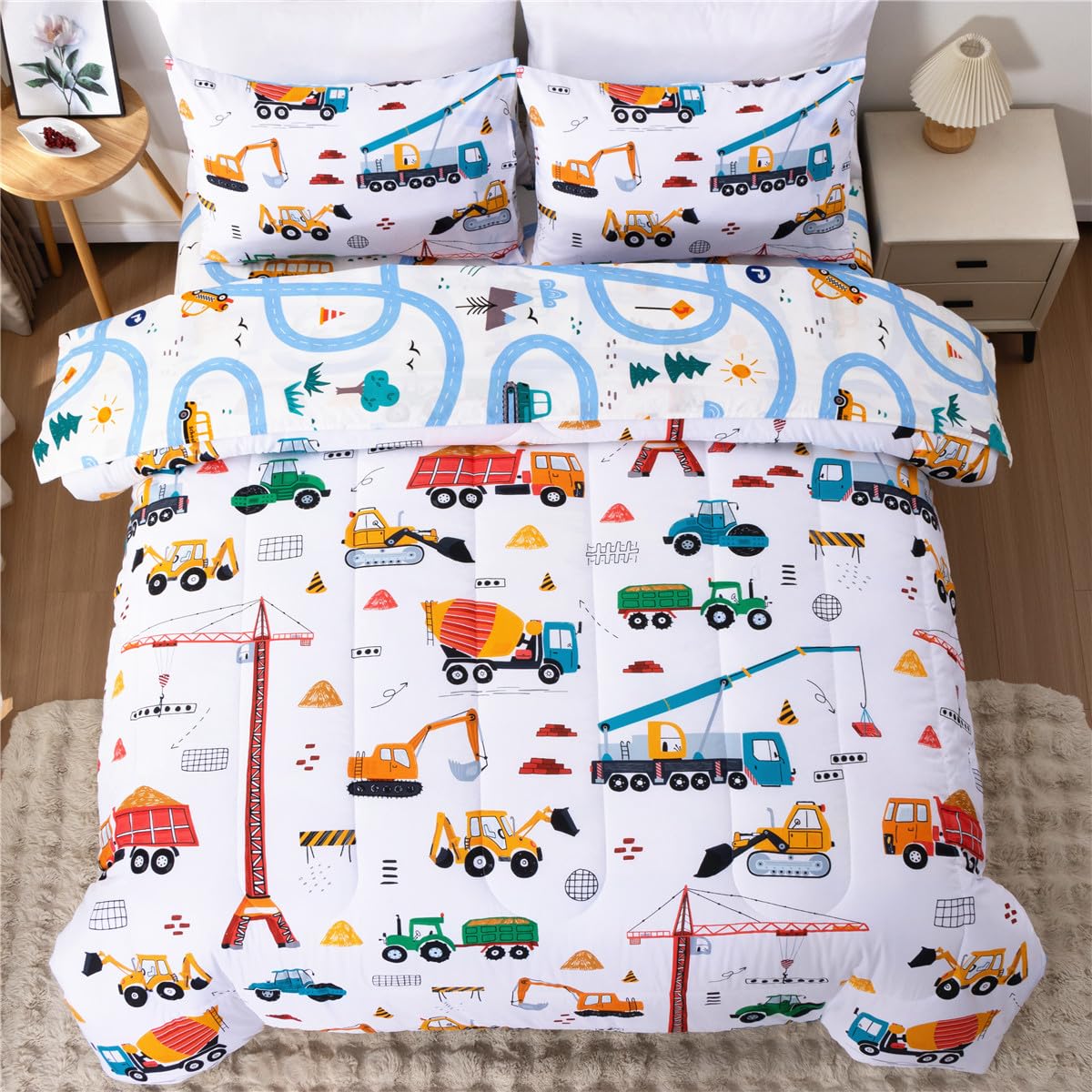 NTBED 5 Pieces Construction Truck Twin Comforter Set for Boys Kids Building Vehicles Excavator Lightweight Microfiber Bedding Sets