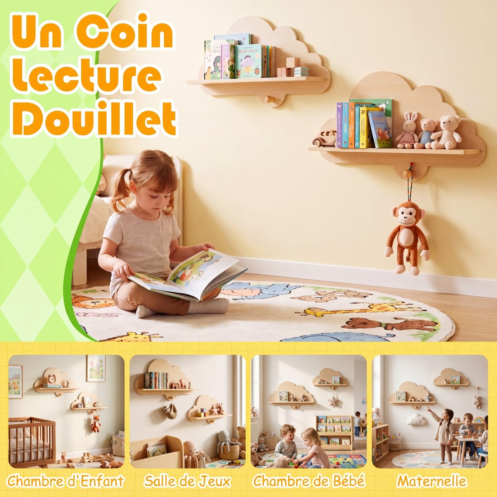 COSTWAY Lot de 2 Étagère Murale Enfant en Forme Nuage, Étagère Livre Enfant en Bois, Bibliothèque Flottante Montessori pour Livre Jouet pour Chambre Salle de Jeux (Naturel)