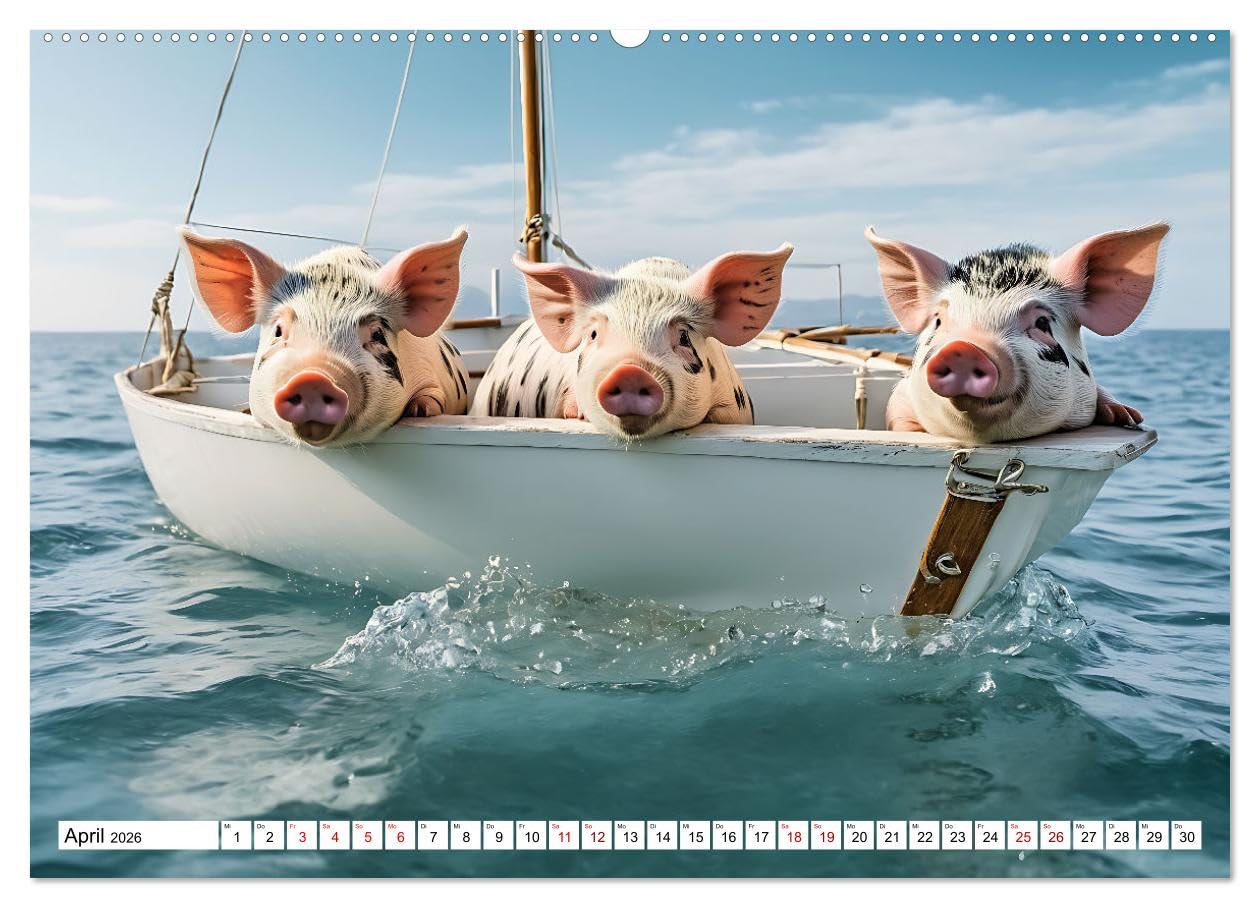 Schwimmende Schweine im Paradies (hochwertiger Premium Wandkalender 2026 DIN A2 quer), Kunstdruck in Hochglanz: Niedliche Schweinchen tummeln sich an ... in kristallklaren Gewässern (CALVENDO Tiere)
