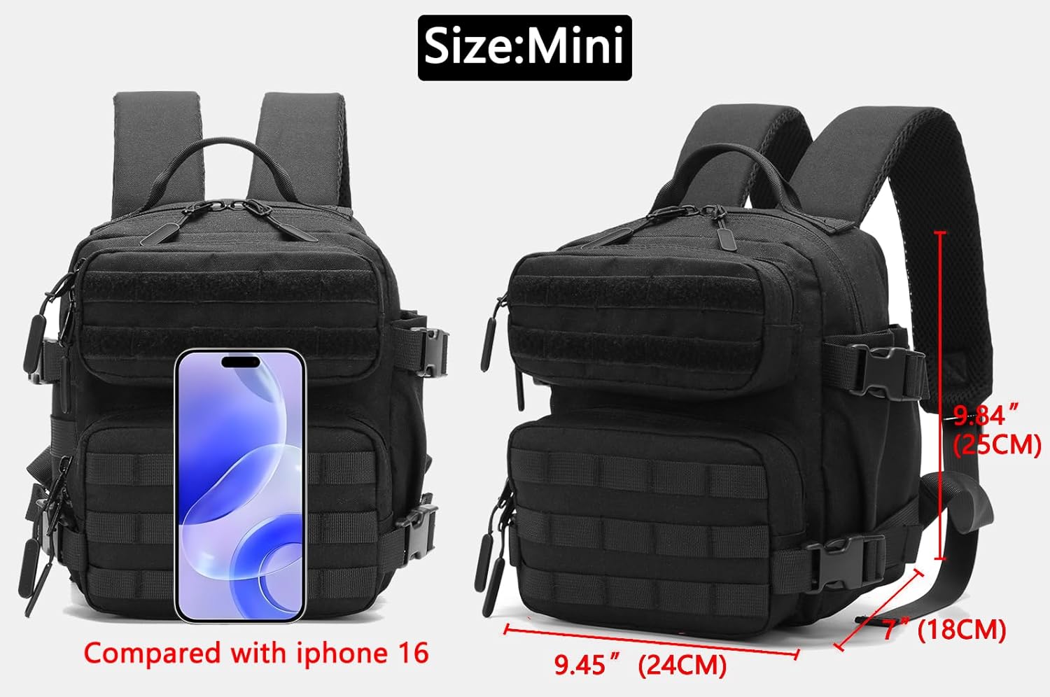 9L Mini Backpack for Men and Women, Small Backpack for Gym Hiking Travel Sports Running (Black) - Image 2