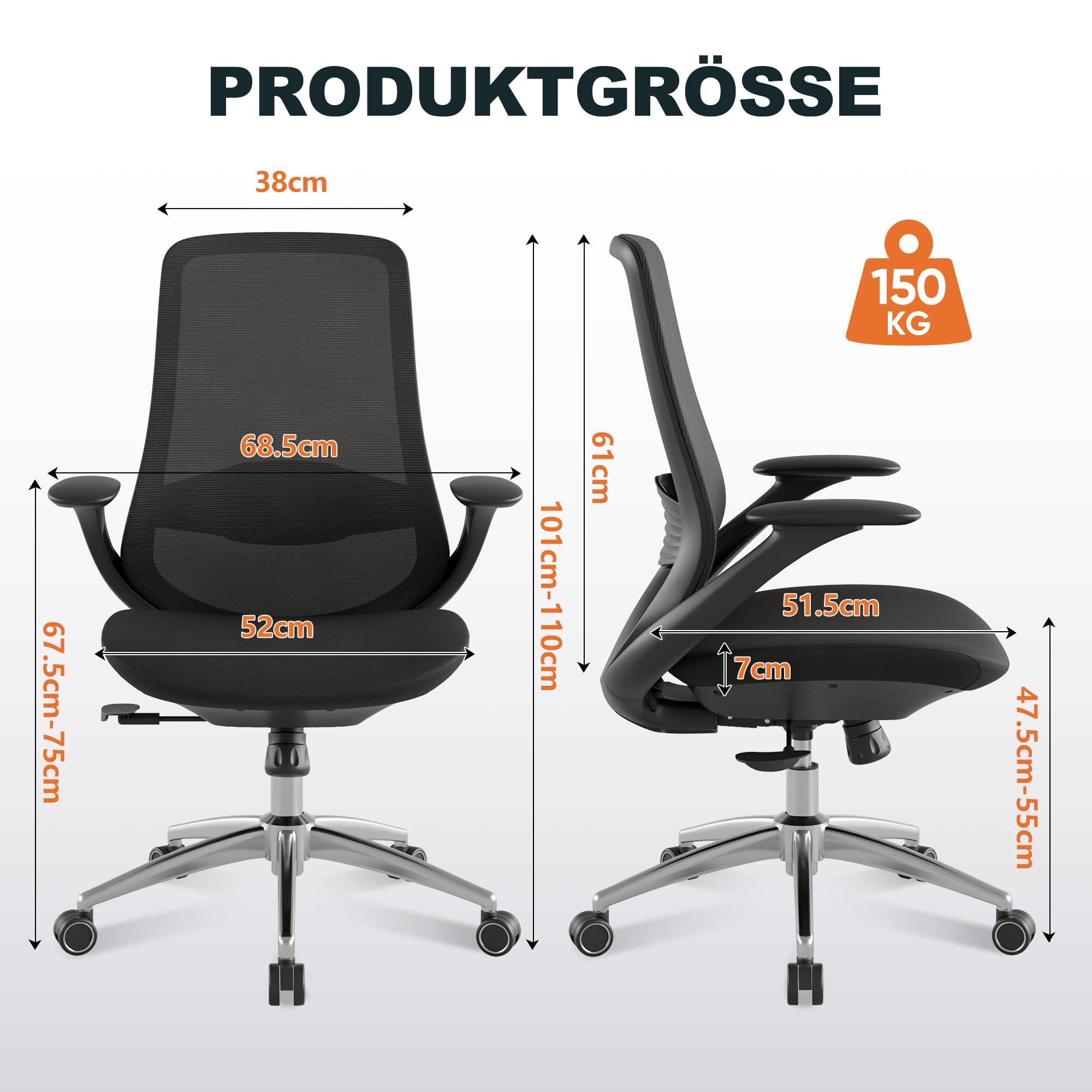 Bürostuhl Ergonomisch Schreibtischstuhl Drehstuhl Verstellbarer Armlehnen Lendenstütze gasdruckfeder bürostuhl liegefunktion 68.5cm Große Sitzfläche für Büro Home Office Chair Arbeitszimmer