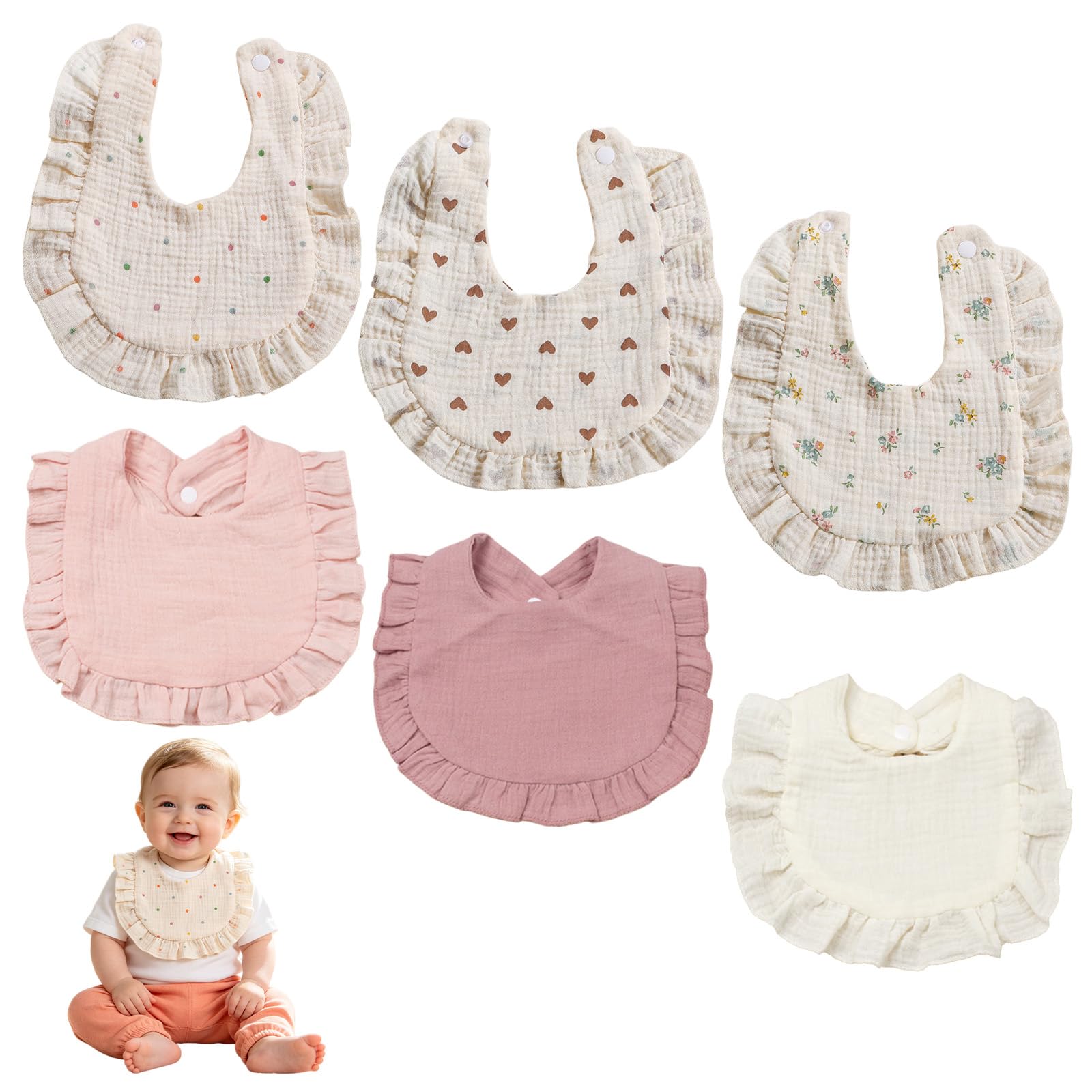 ANBET 6Pcs Colorful Baby Bibs, Cute Toddler Bibs, Baby Girl Bibs, Cotton Baby Bibs, Cotton Fabric for 0-3 Years, Ideal for Daily Use & Gifting