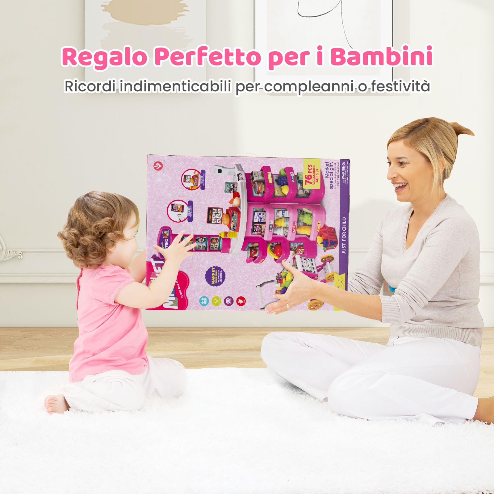 RELAX4LIFE Supermercato per Bambini con Banco, Carrello della spesa e Cestino, Bilancia Simulata, Cassa con Effetti di Luce e Suono, Supermercato Giocattolo con 29 Accessori per Bambini 3+ Anni (ROSA)