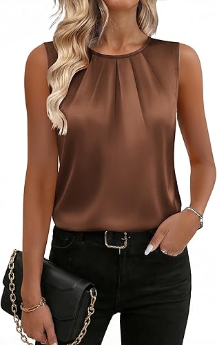 Zeagoo Womens Silk Satin Tank Tops Crew Neck Pleated Camisole Sleeveless Business Work Blouse Dressy Casual Summer Shirt