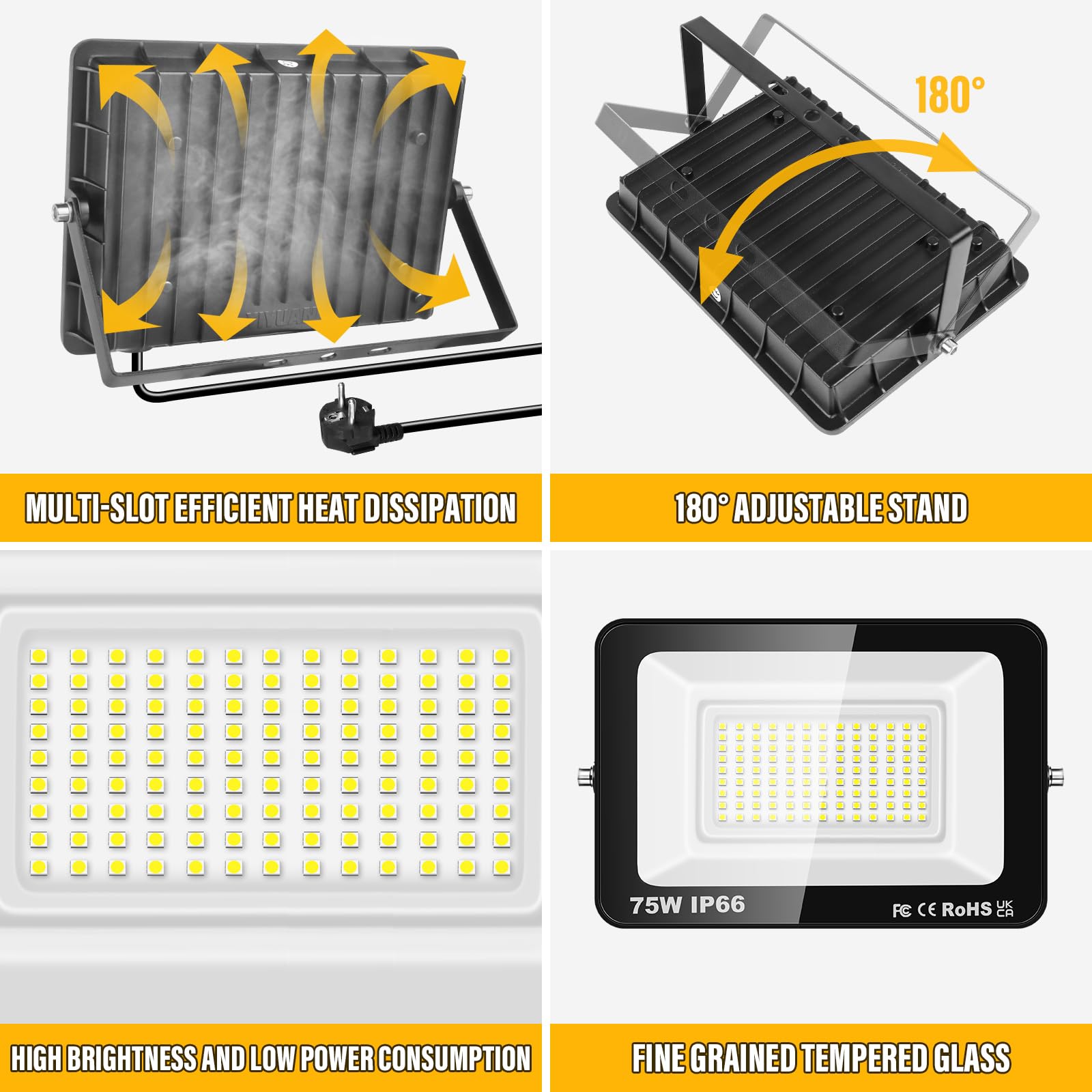 RIGIDON Zewnętrzny reflektor Led z gniazdem, 2x 75 W 7500LM IP66 wodoodporne oświetlenie bezpieczeństwa, reflektor Led na patio, garaż, taras, ogród, warsztat, 6000K, zimna biel