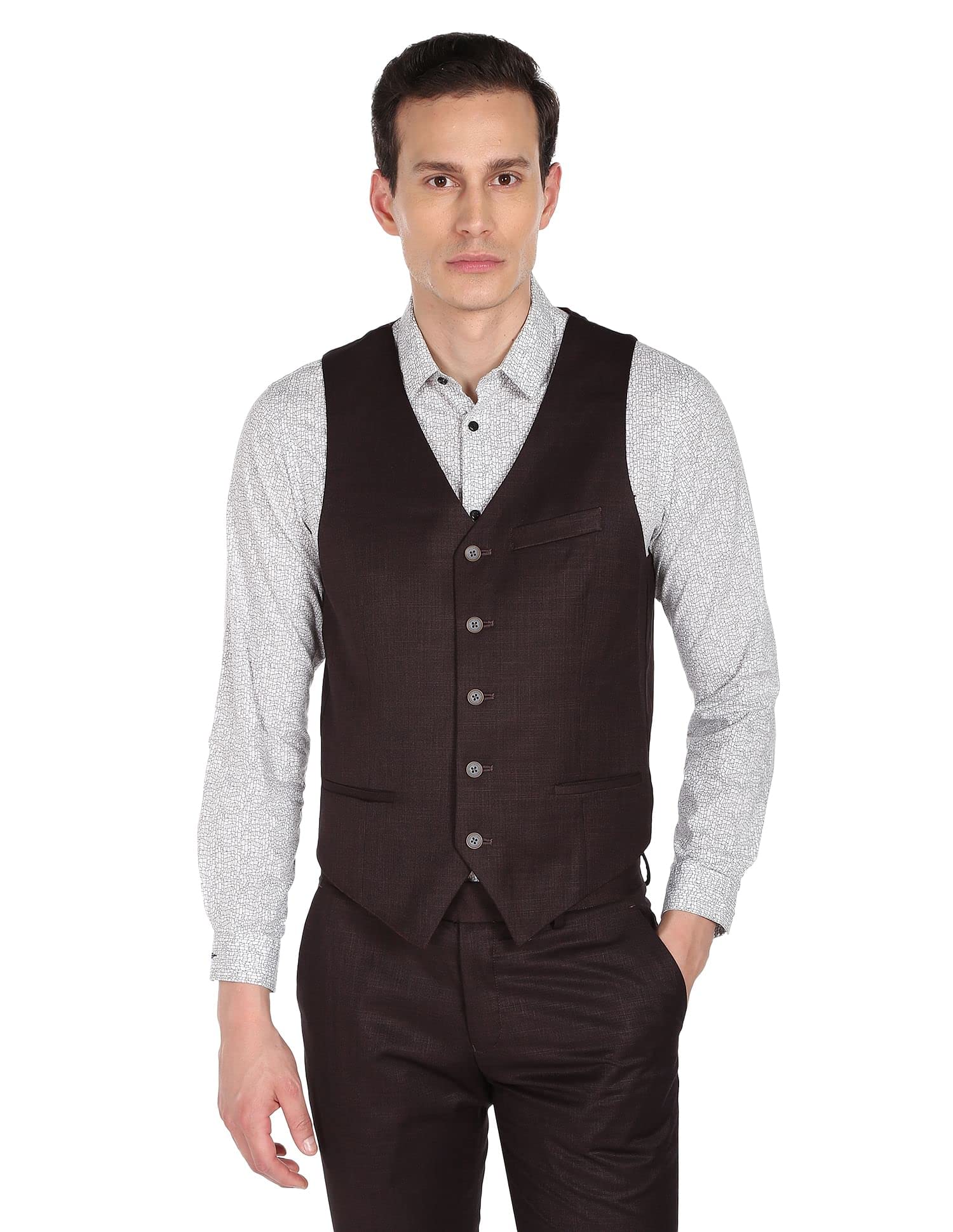 arvind Men Burgundy Tailored Fit Solid Three Piece Suit-picture-42