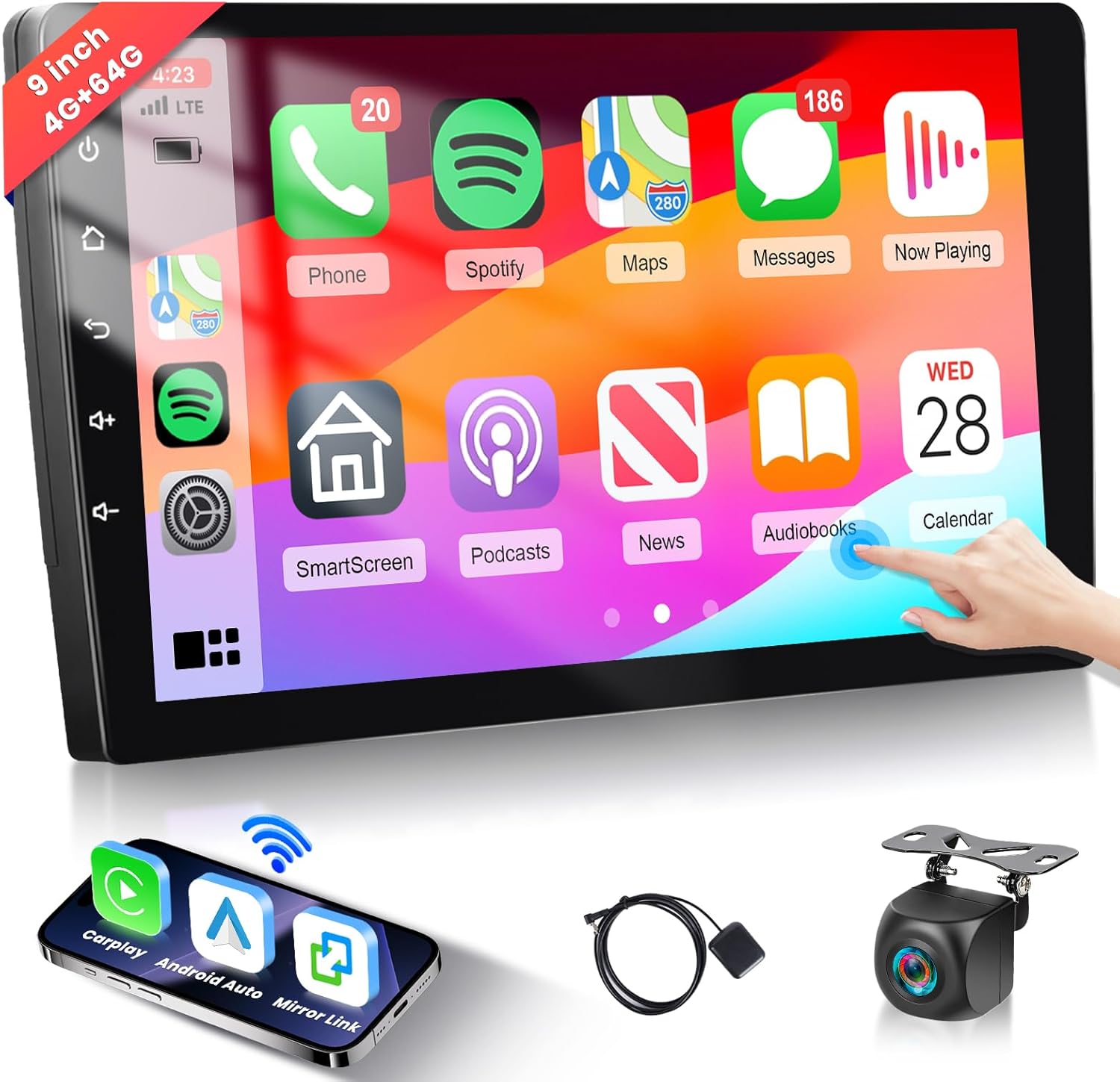 Podofo 4G 64G Android Car Stereo with 9inch 1280x720P HD IPS Touch Screen Wireless Carplay Android Auto MirrorLink,5.0 Bluetooth Radio with DSP Audio 32 EQ GPS WiFi FM/RDS AHD Backup Camera