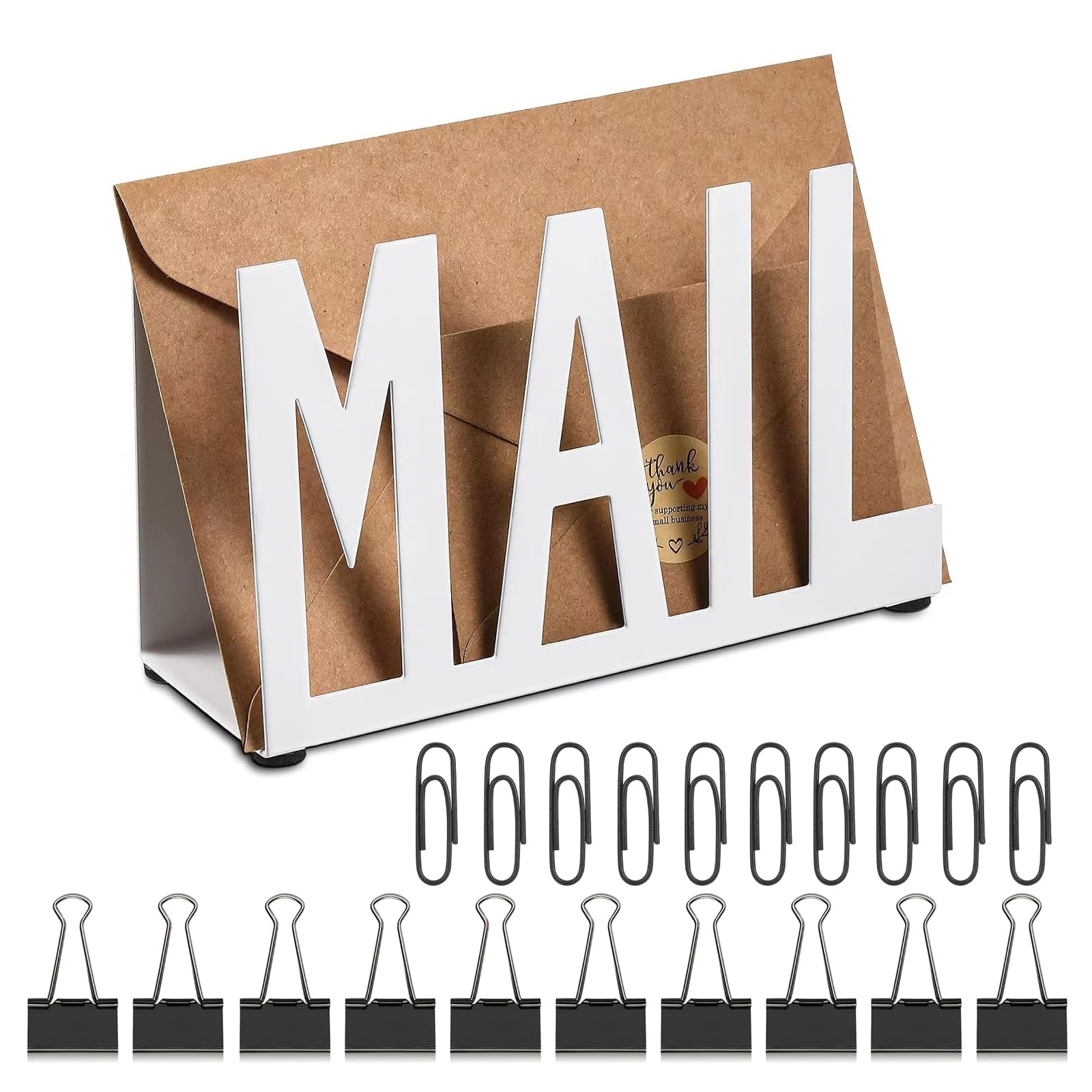 KUBDPQOR Corbeille à Courrier Élégante Blanche En Métal - Organiseur De Bureau Avec Ouvre-Lettre, Clips Et Trombones - Rangement Parfait Pour Lettres Et Documents