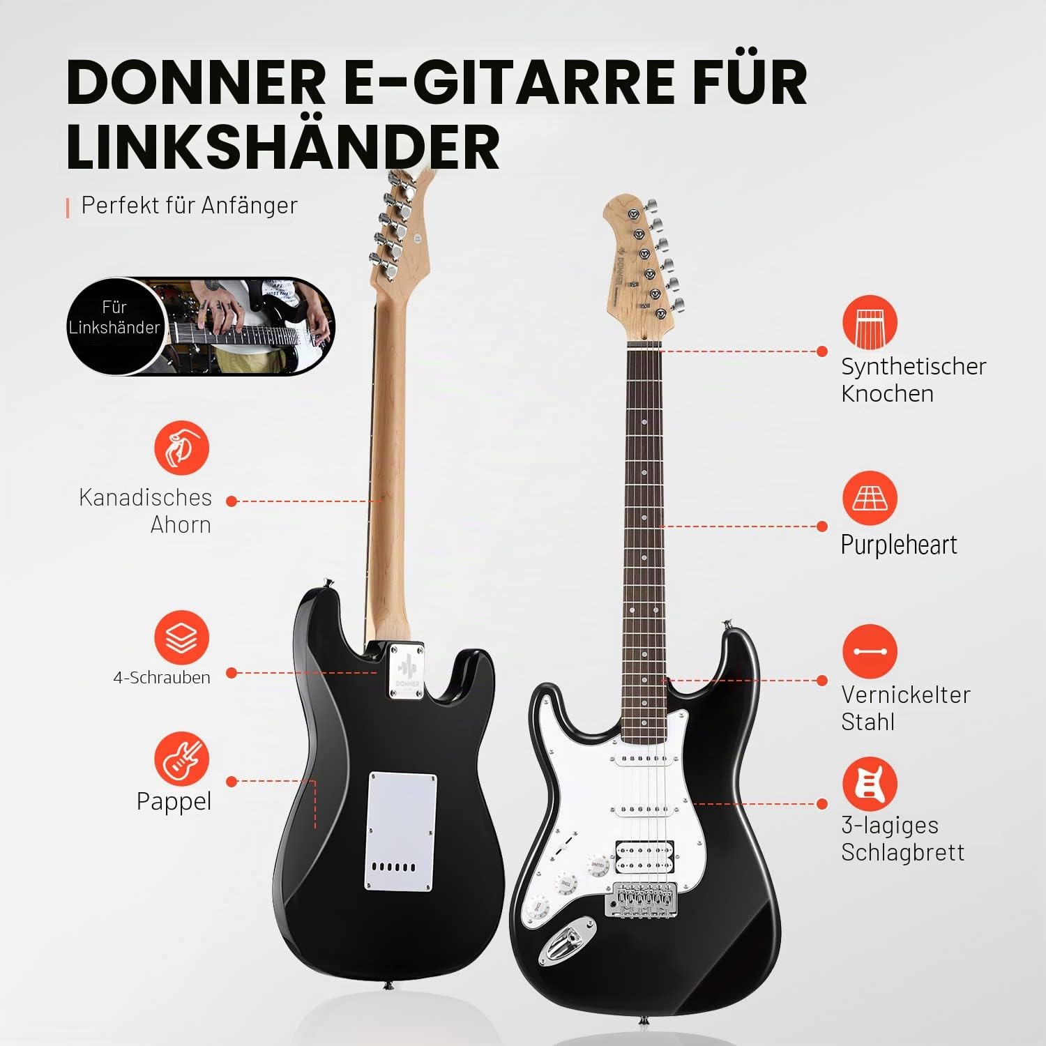 Donner Linkshänder E-Gitarre Set Anfänger Full-Size Schwarz 39 Zoll Lefty Starter Paket mit allem Zubehör Verstärker Kapodaster Gurt Saite Stimmgerät Kabel und Plektren DST-100BL