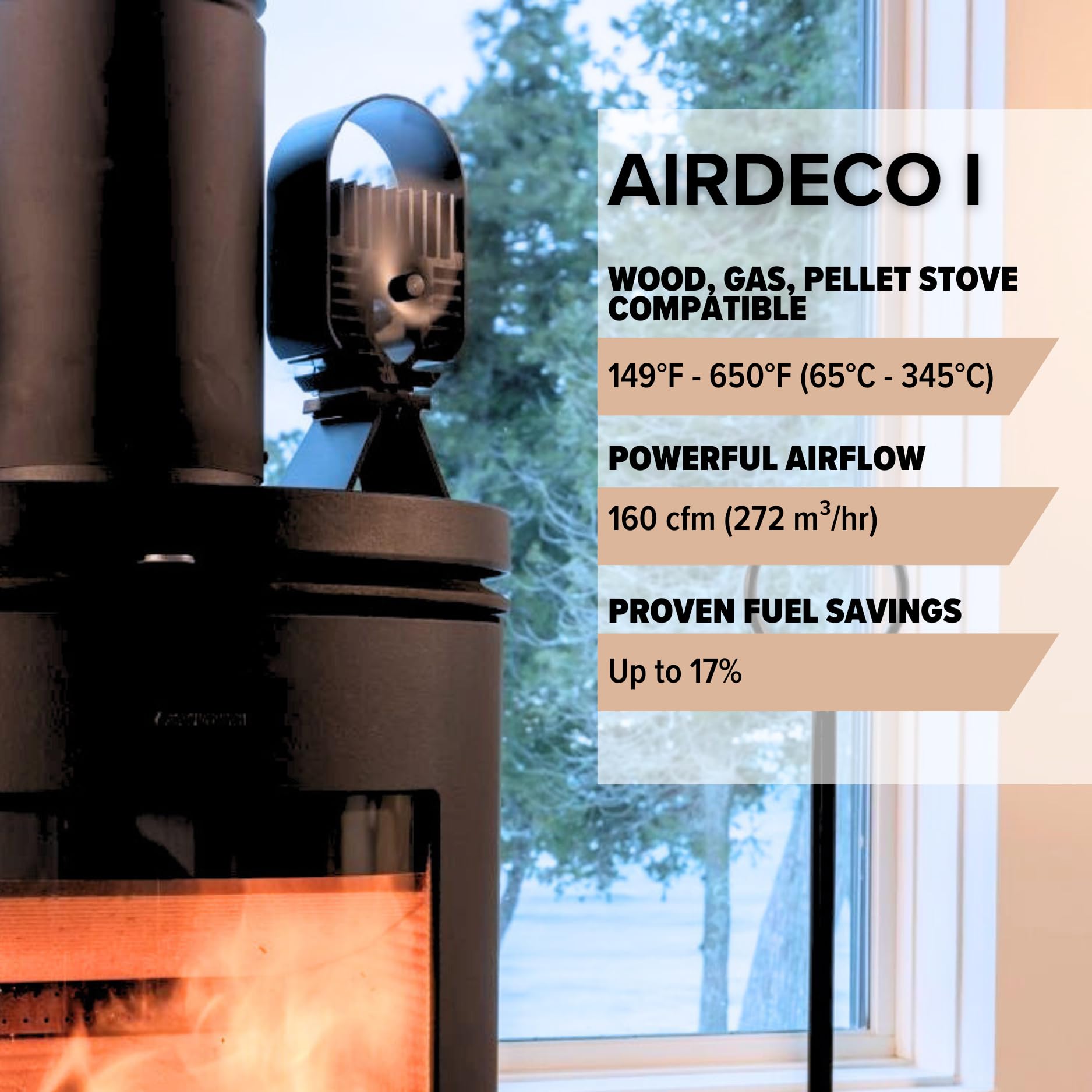 Ecofan AirDeco wentylator kominkowy na drewno, czarne ostrze