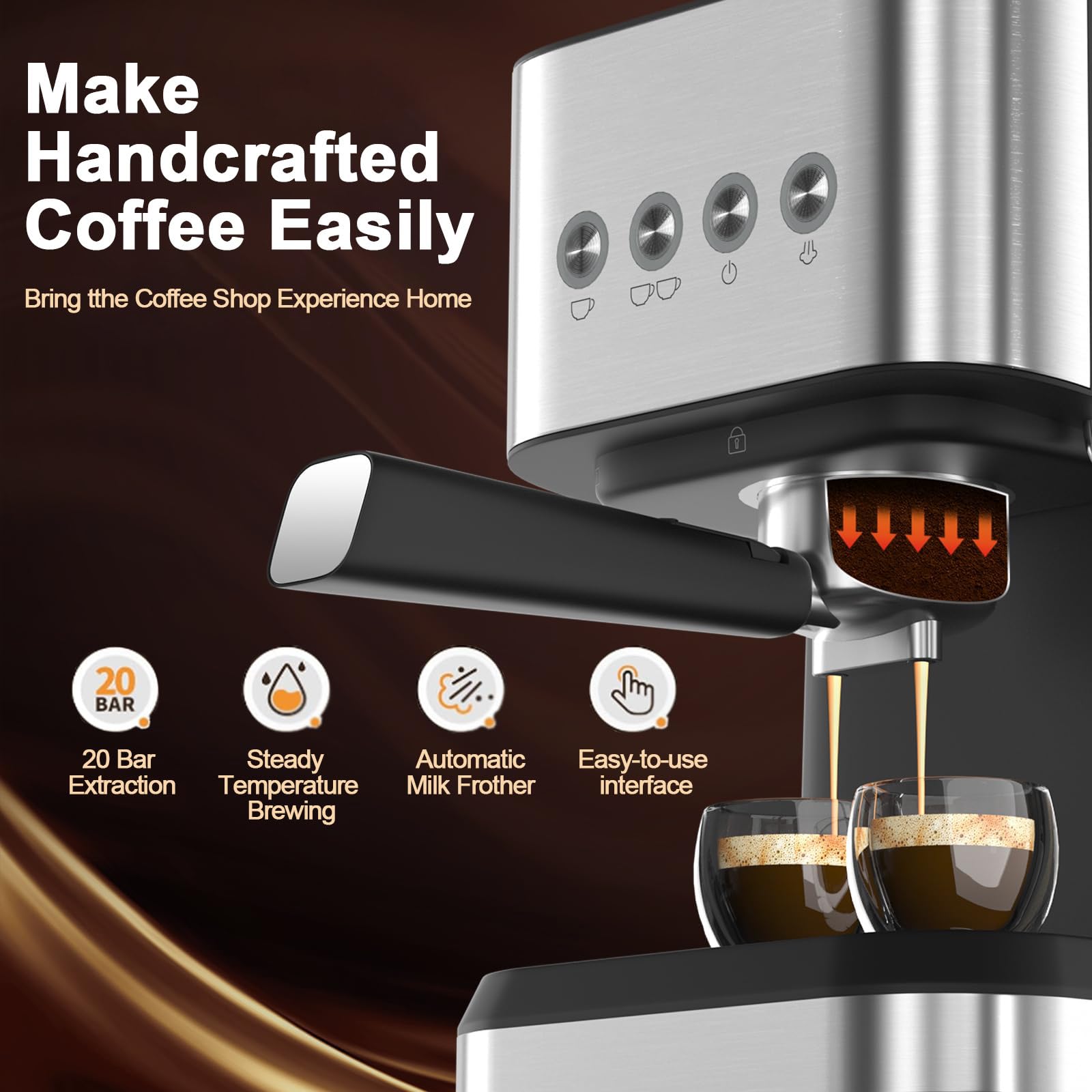 Cafetera Espresso compacta, 20 Bares de presión, Aspecto Profesional con Lanza de Vapor, café Calidad Barista Hecho en casa con café molido, depósito de Agua de 1,5 litros