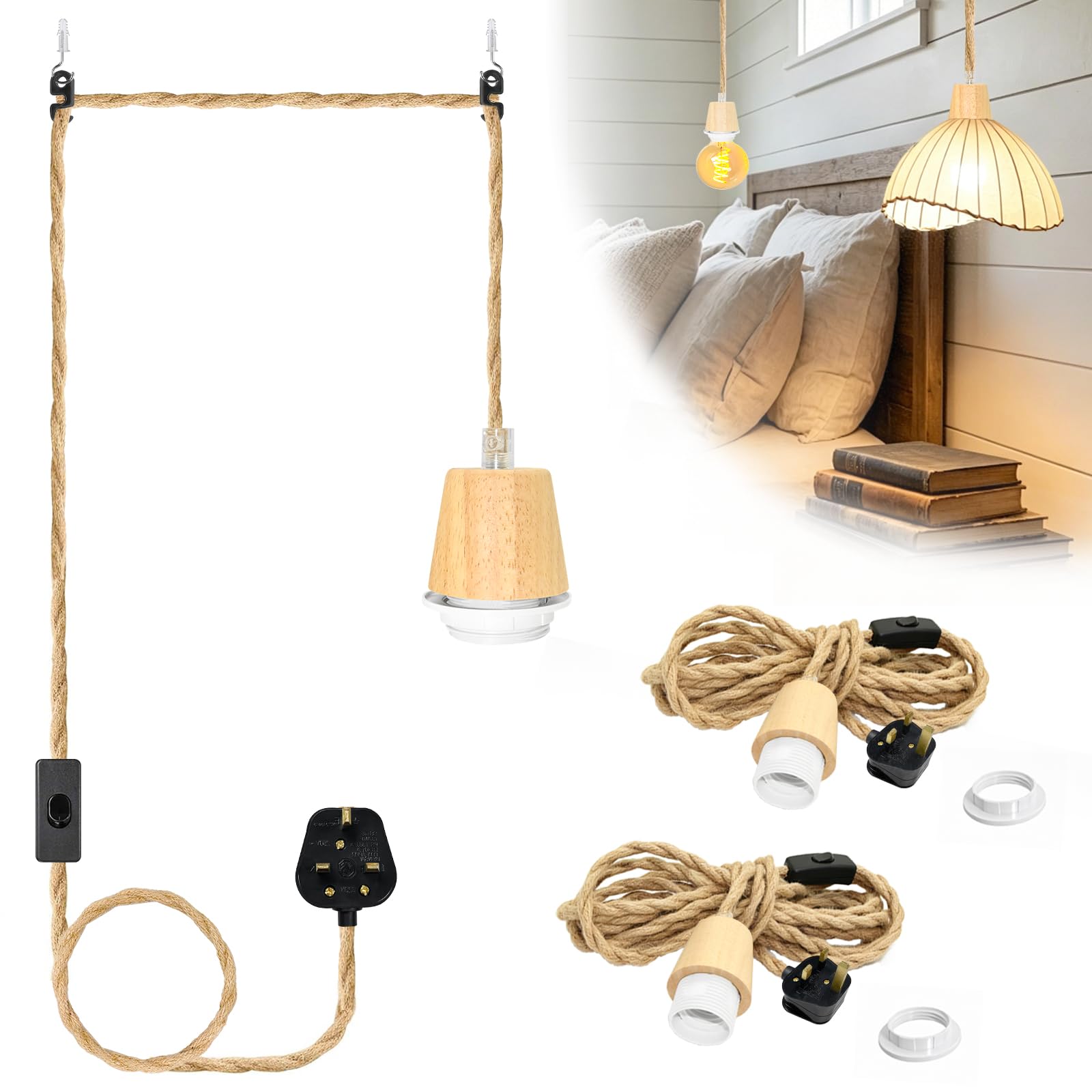 LAKONEI 2 Pack Hemp Rope Hanging Light Kit, 510cm Cord with Hydro Print E26/E27 Lamp Holder & Switch, DIY UK Plug in Rustic Ceiling Light Fixture, Compatible with Lampshade (Bulbs Excluded)
