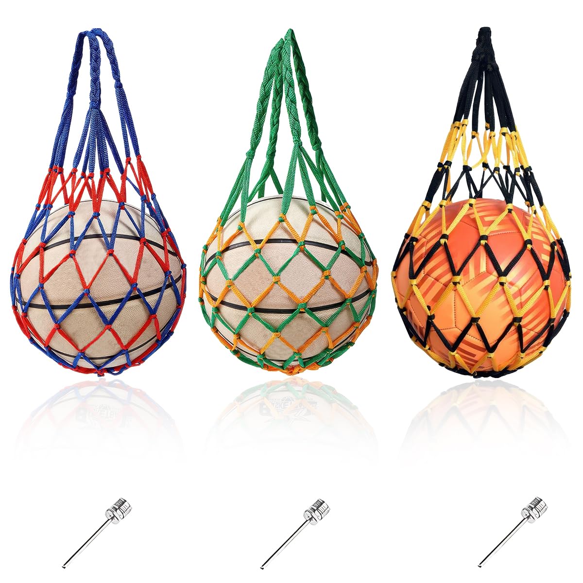 3 Piezas Redes de Pelota con 3 Agujas Inflables, Bolsa de Globo Grande de Malla, Bolsa para Balón, Red Para Balones de Futbol, Bolsa de Nailon Reutilizable Para Pelotas Baloncesto, Fútbol, Voleibol