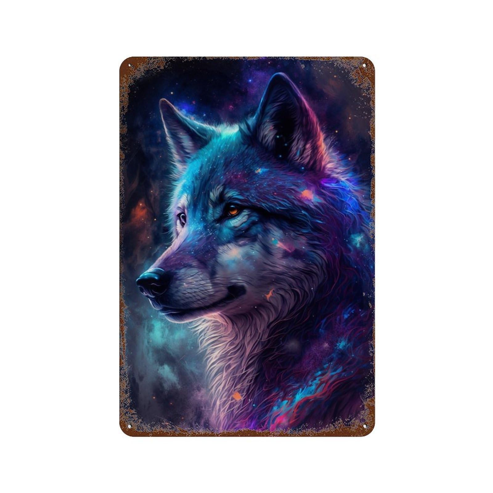 Garage Style Cosmic Wolf Portrait Artwork Rusty Metal Tin Sign 11.8"x7.9", Decorative Metal Wall Art for Bar And Workshop