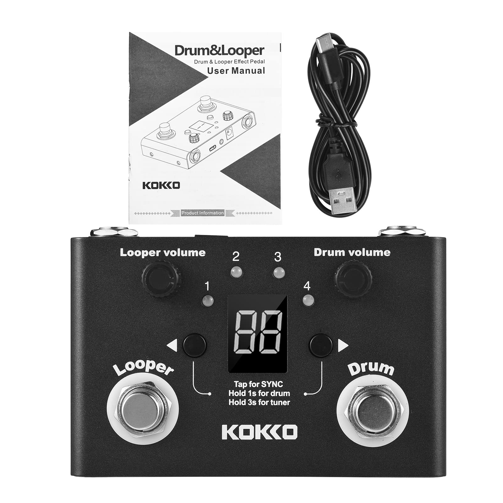 Domary Pedale Drum Looper con 30 Tipi di Batteria, 4 Slot Loop, Registrazione 11 Minuti, Girapagina BT, Accordatore per Tastiera Chitarra Basso