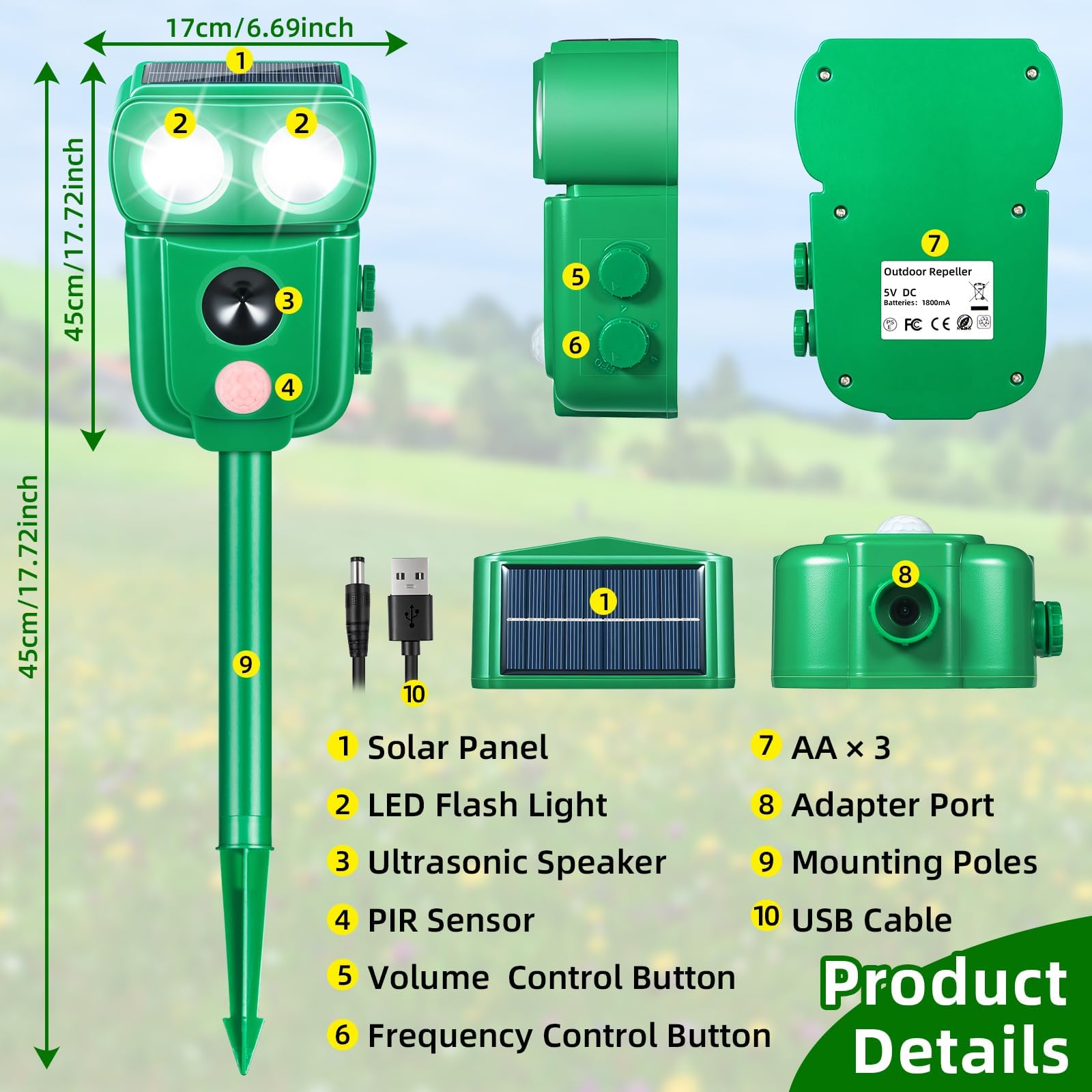 Répulsif pour chats, répulsif à ultrasons à énergie solaire IP66 étanche à fréquence réglable pour éloigner les animaux, 5 modes réglable, répulsif pour animaux à ultrasons