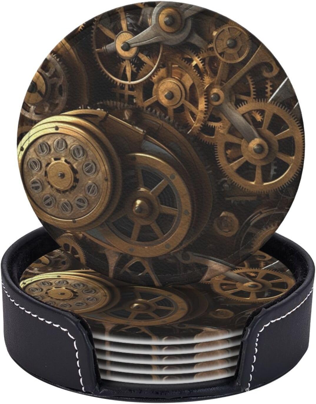 Coasters for Drinks Cool Steampunk Gears Print Leather Coaster Set of 6 Heat Resistant Drink Coasters Round Cup Mat Pad with Holder for Living Room Kitchen Bar Coffee Decor