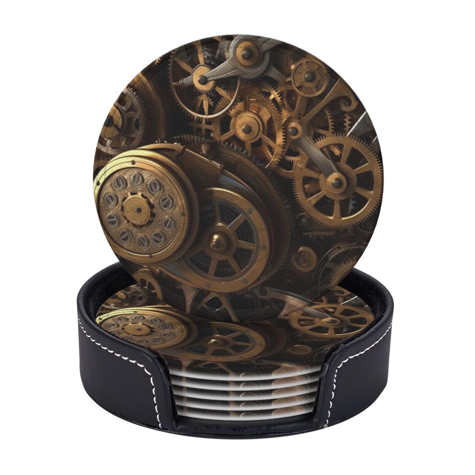 Coasters for Drinks Cool Steampunk Gears Print Leather Coaster Set of 6 Heat Resistant Drink Coasters Round Cup Mat Pad with Holder for Living Room Kitchen Bar Coffee Decor
