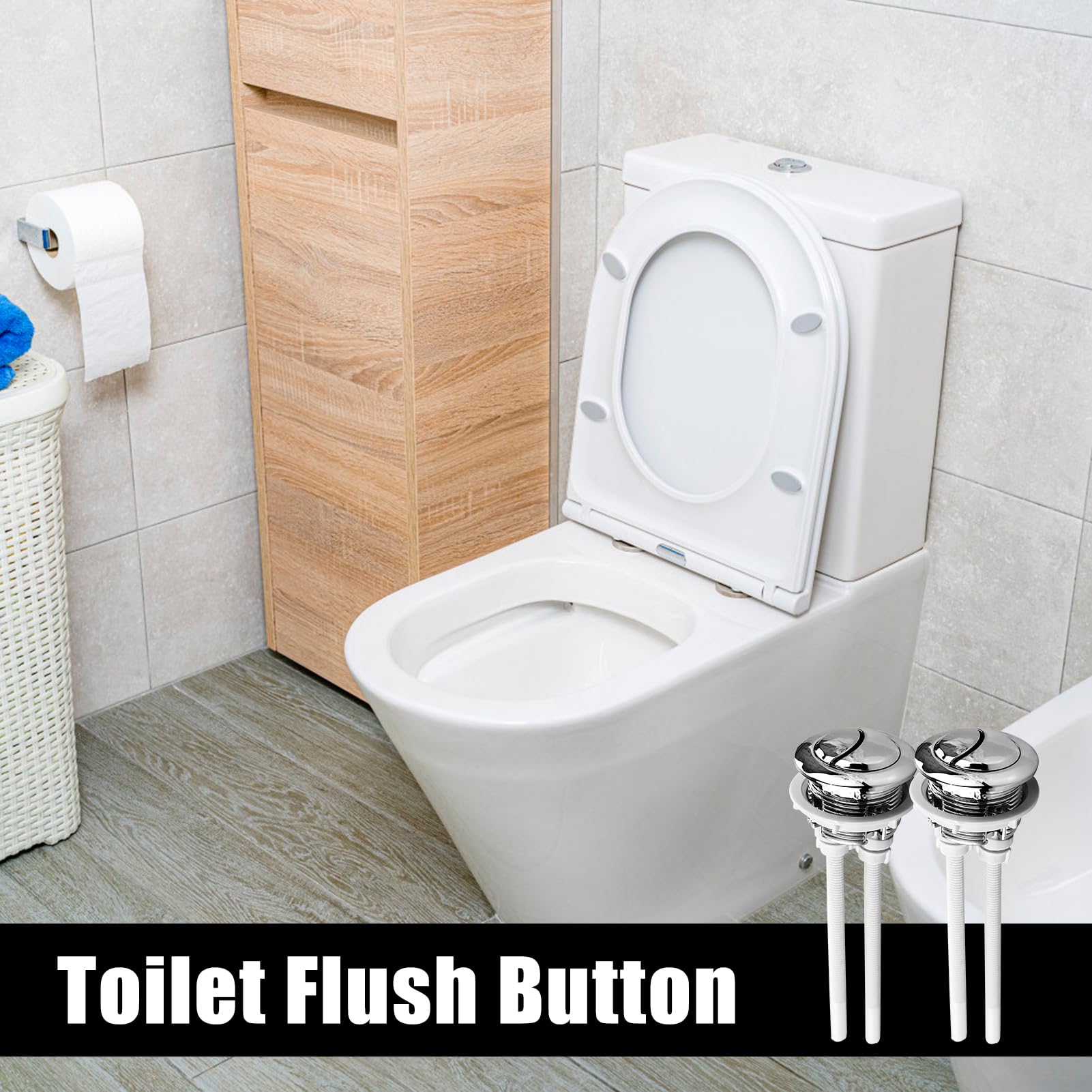 Pulsante Doppio Scarico WC Universale Argento, 2 Pezzi, Asta Regolabile 112mm, Foro 37-50mm
