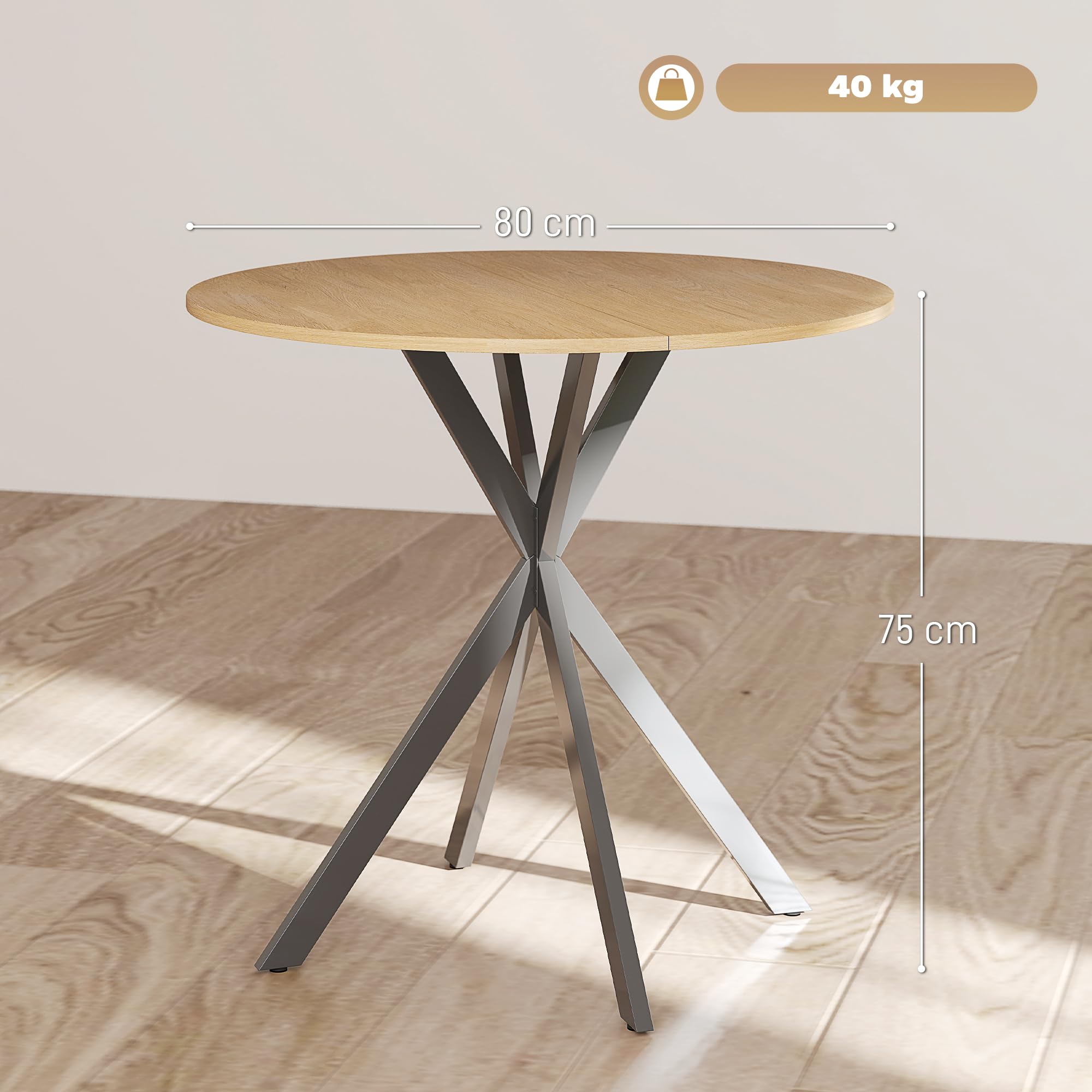 HOMCOM Tavolo da Pranzo Rotondo Ø80 cm, Piano Effetto Legno, Rovere | Tavolo da Cucina per 2-4 Persone, Gambe a Croce in Acciaio, Tavolino da Soggiorno e Sala da Pranzo, Stile Industriale