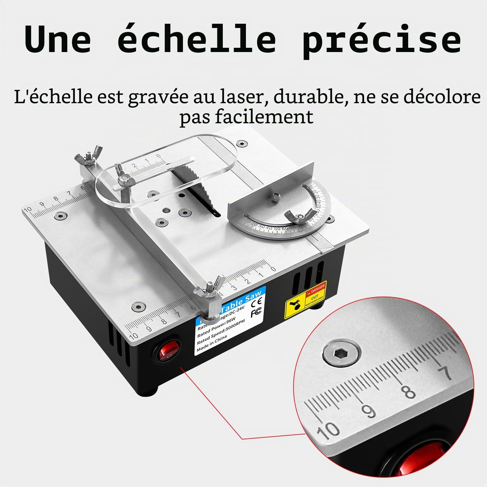 Mini scie circulaire de table multifonction 96 W, 5000 tr/min, avec bloc d'alimentation 7 vitesses, profondeur de coupe 14 mm, scie de table pour bois/PCB/métal, bricolage et modélisme (A)