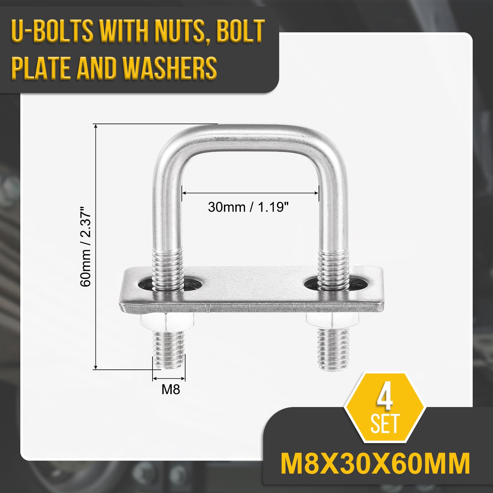 DTGN M8x30x60mm U Bolts Square Kit - 4Set - 304 Stainless Steel U-Bolt Kit with Nuts, Washers, Frame Plate - Good for DN30 Pipe, Trailer, Automotive, Leaf Spring Fastener