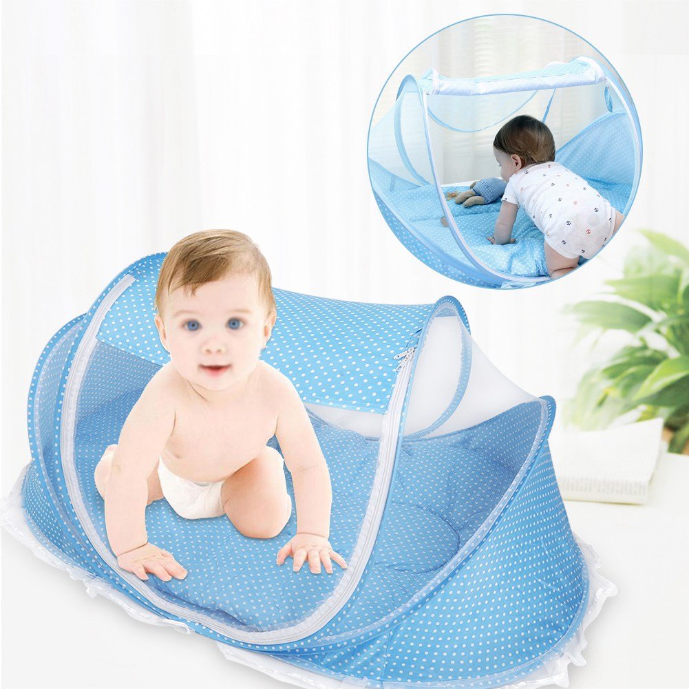 JULYKAI Baby Beach Tent,Portable Foldable Mosquito Net Anti-Bug Crib Cradle Tent with Mattress Pillow for Baby Infant Portable Baby Travel Tent (Blue) - Image 2