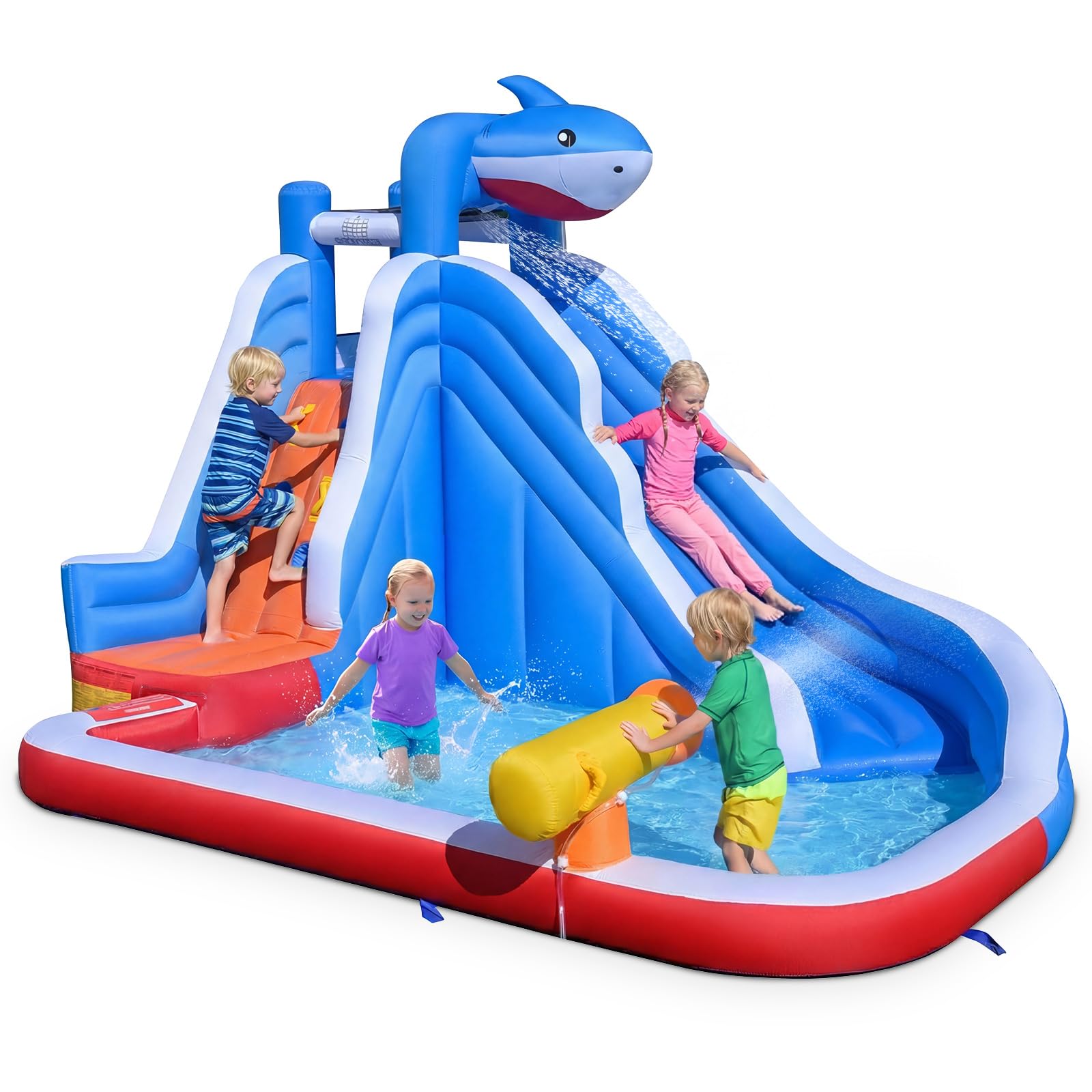 COSTWAY Hüpfburg mit Wasserrutsche, Kletterwand, Wasserkanone & Planschbecken, Wasserhüpfburg für Kinder, Wasserpark für Außenbereich, 401 x 307 x 255 cm