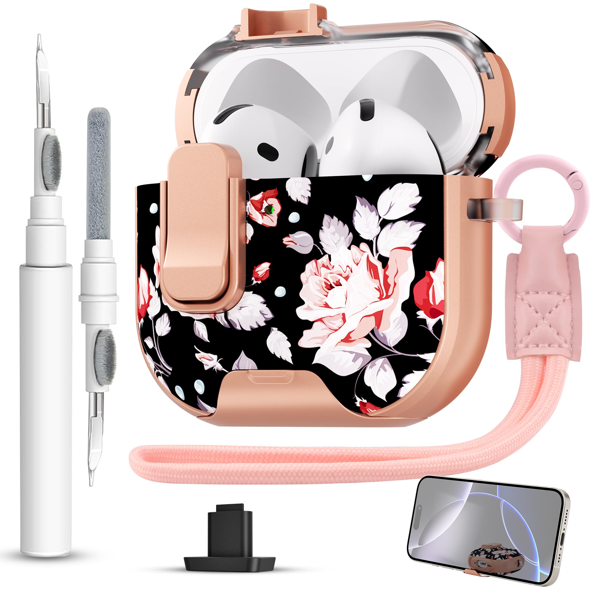 for AirPods 4 Case with Secure Lock Clip in Phone Stand,Floral Girly Style Protective Cover with Cleaning Kit and Hand Strap for Apple AirPod 4 Generation (Rose Petals)